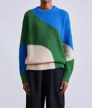 Elle Textured Crew Sweater In Cobalt & Clover