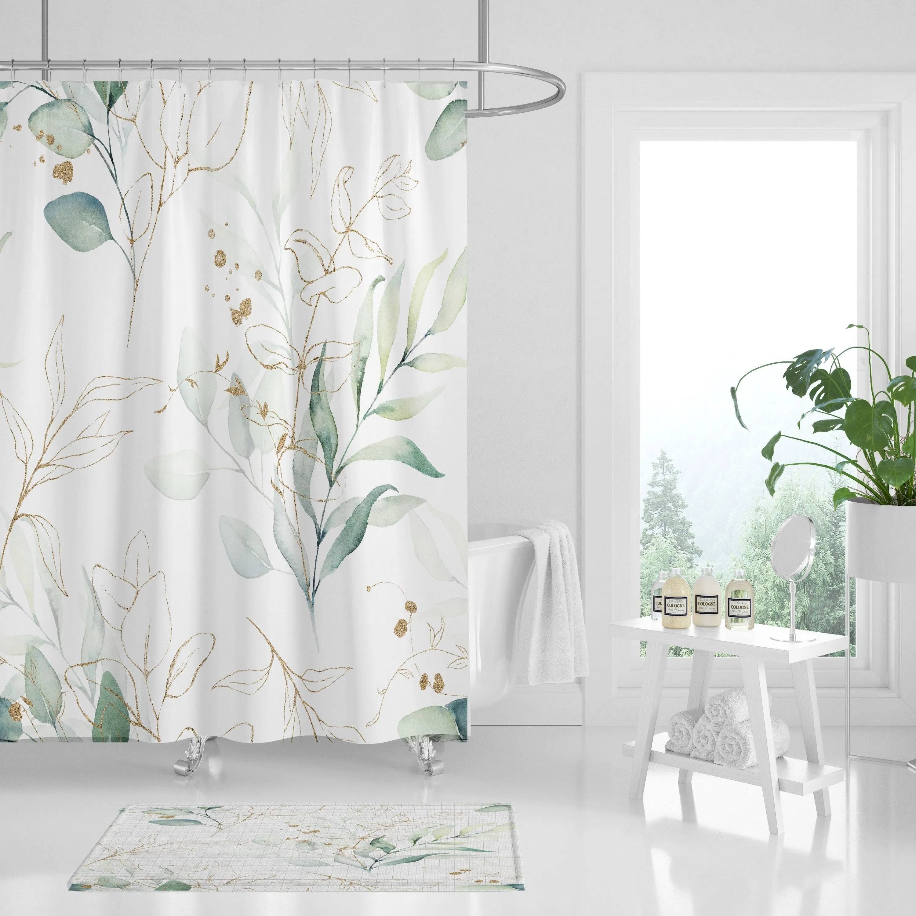Eucalyptus Floral Shower Curtain | Green White Lighting,Home Lighting