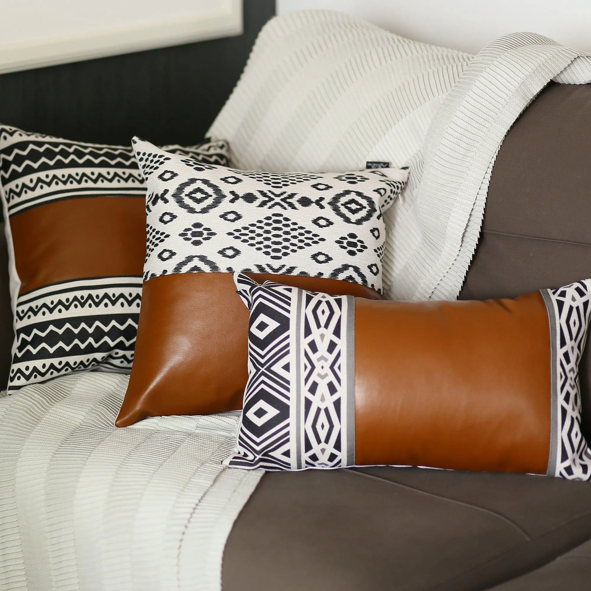 Faux Leather Boho Abstract Pillow Cover