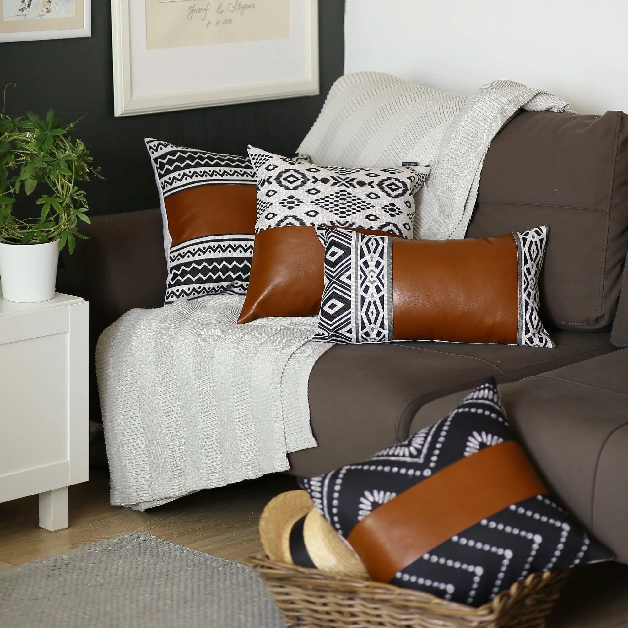 Faux Leather Boho Abstract Pillow Cover