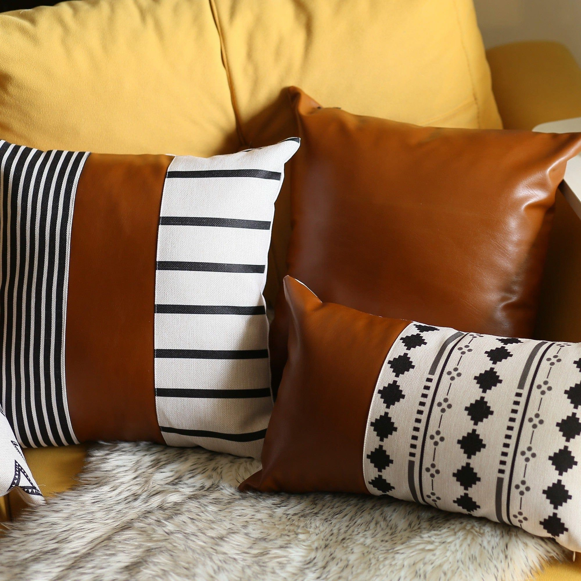Faux Leather & Stripes Pillow Cover
