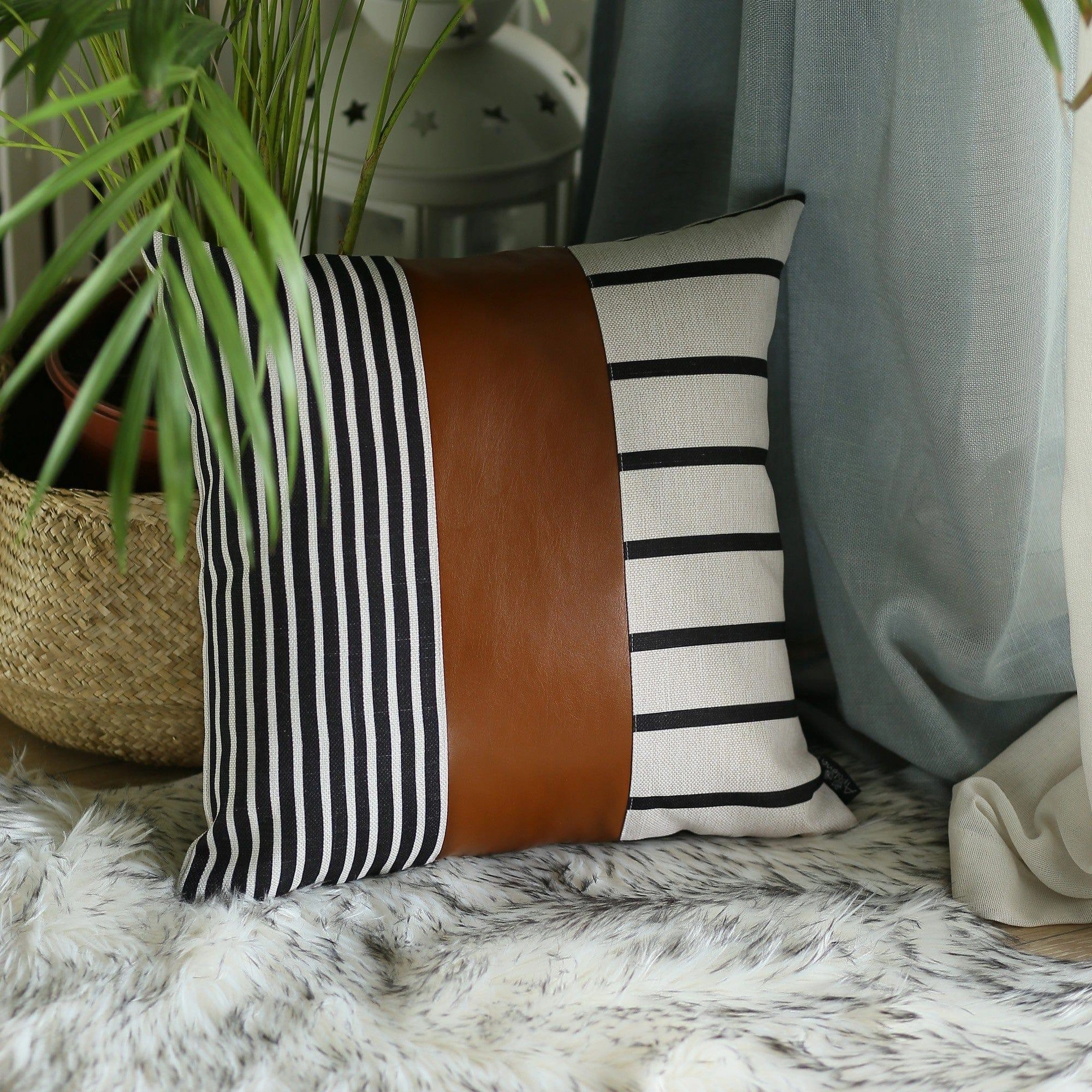 Faux Leather & Stripes Pillow Cover