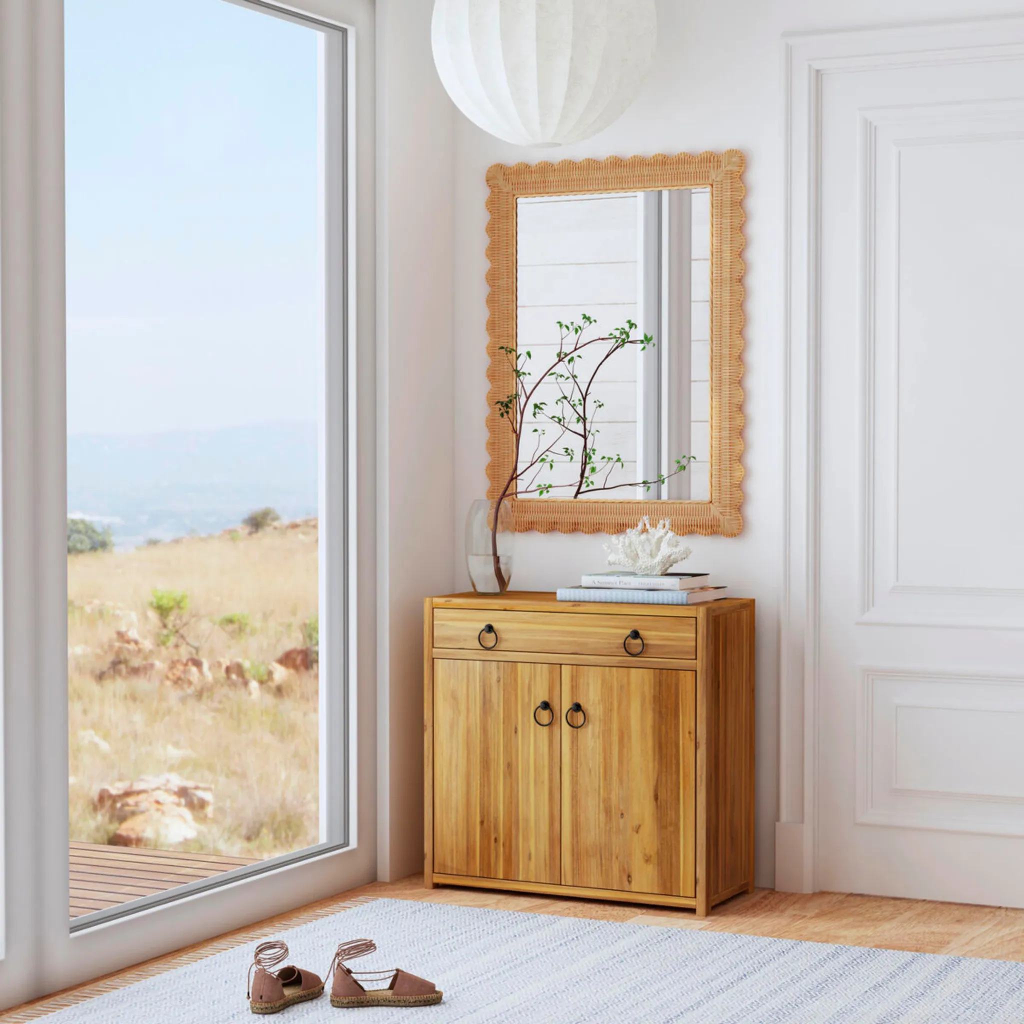 Flora Rattan Scalloped Wall Mirror in Light Brown