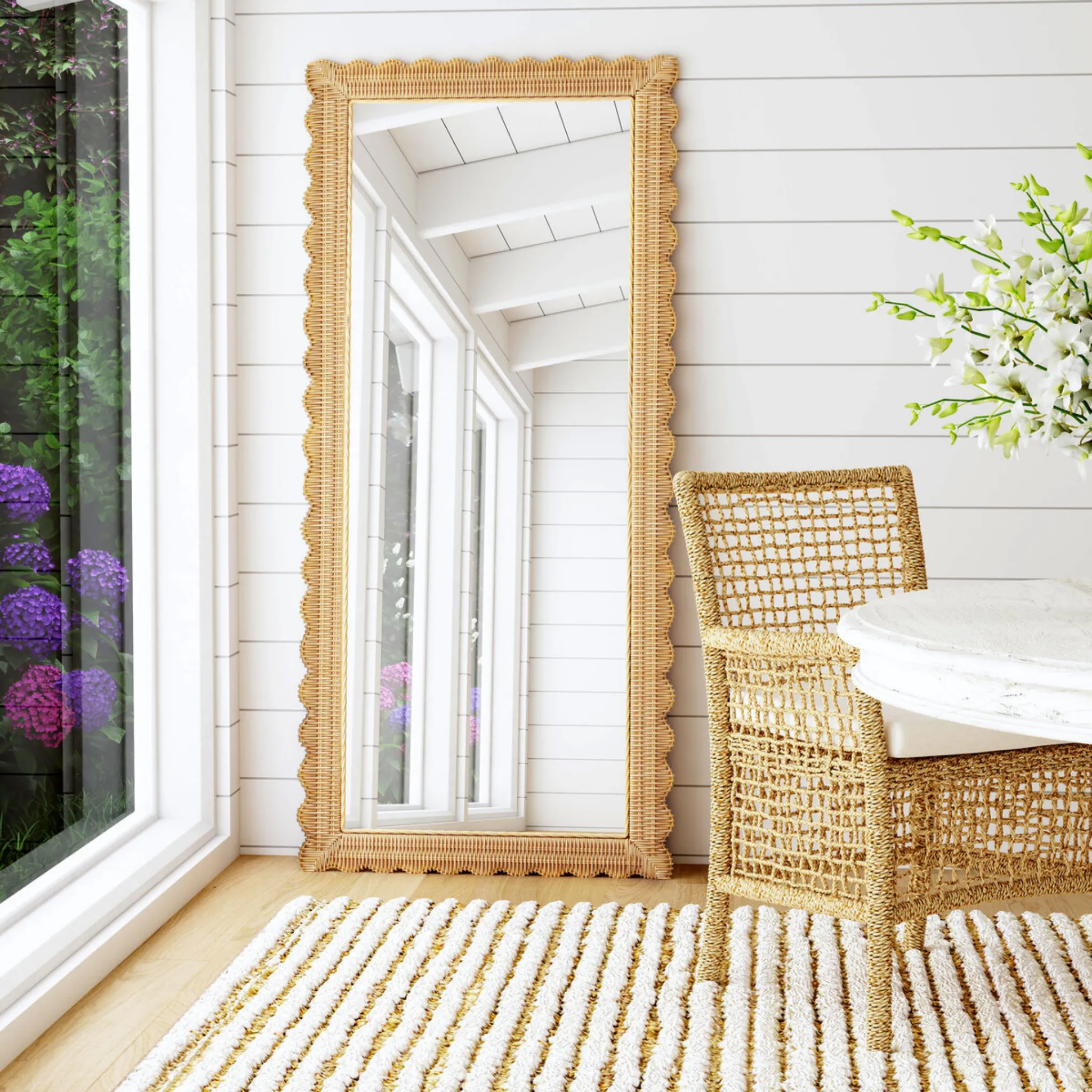 Flora Scalloped Rattan Floor Mirror in Light Brown