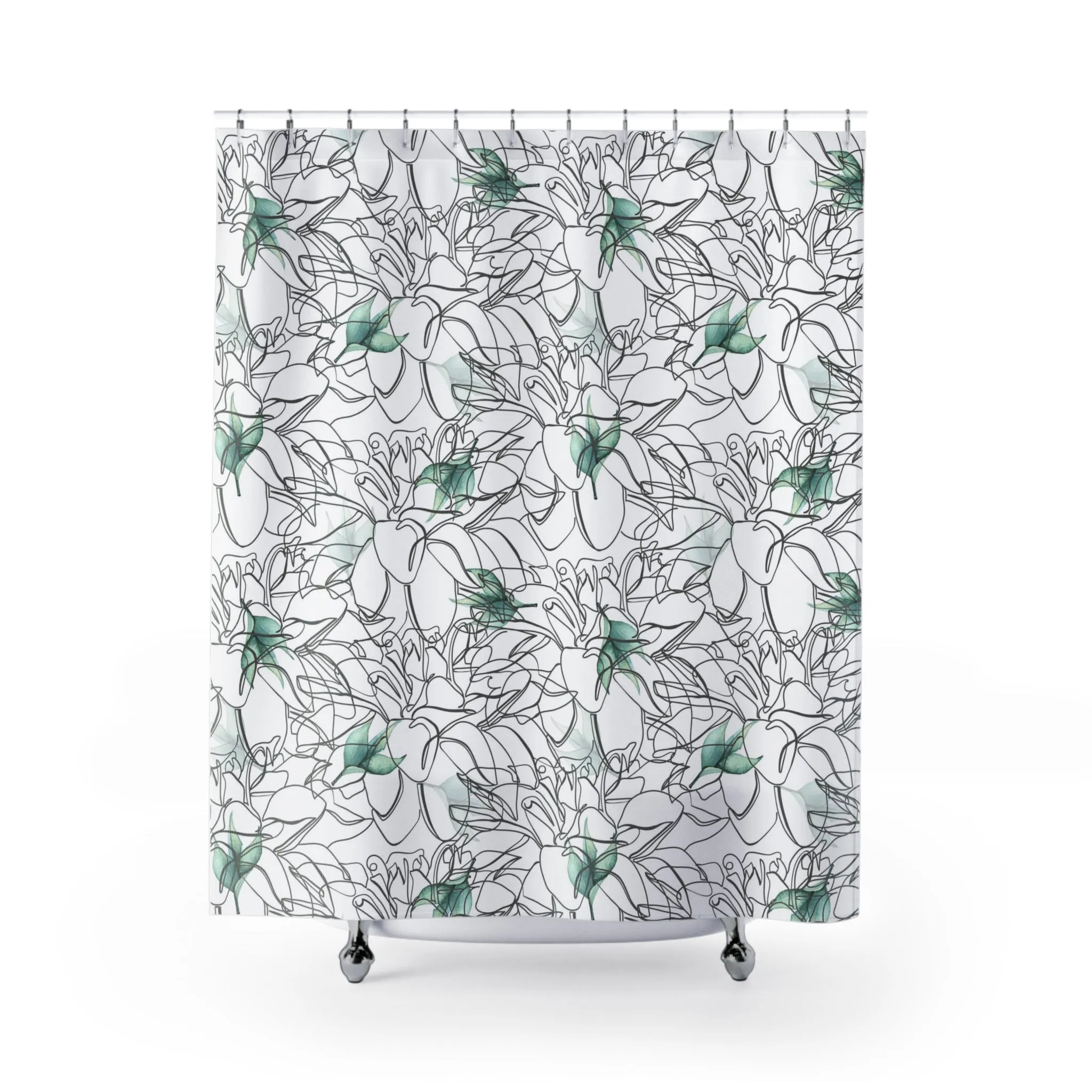 Floral Boho Shower Curtain | Black White, Line Art, Green Lighting,Home Lighting