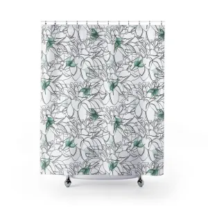 Floral Boho Shower Curtain | Black White, Line Art, Green Lighting,Home Lighting