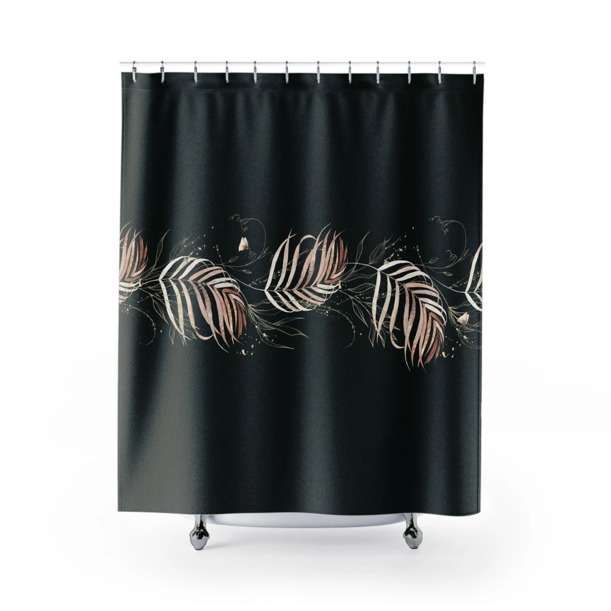 Floral Boho Shower Curtain | Jungle Black Beige Leaves Lighting,Home Lighting