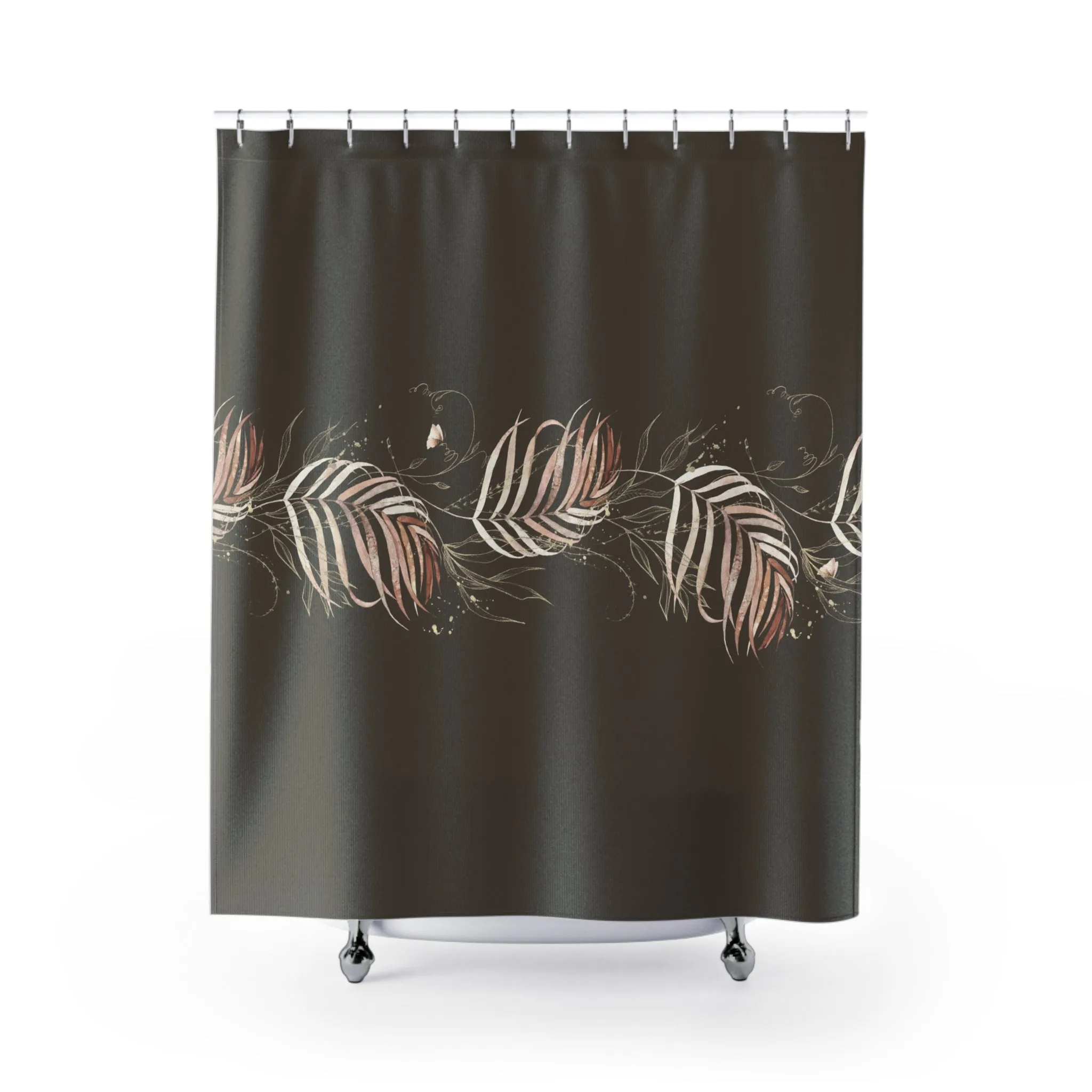 Floral Boho Shower Curtain | Jungle Dark Brown Beige Gold Leaves Lighting,Home Lighting