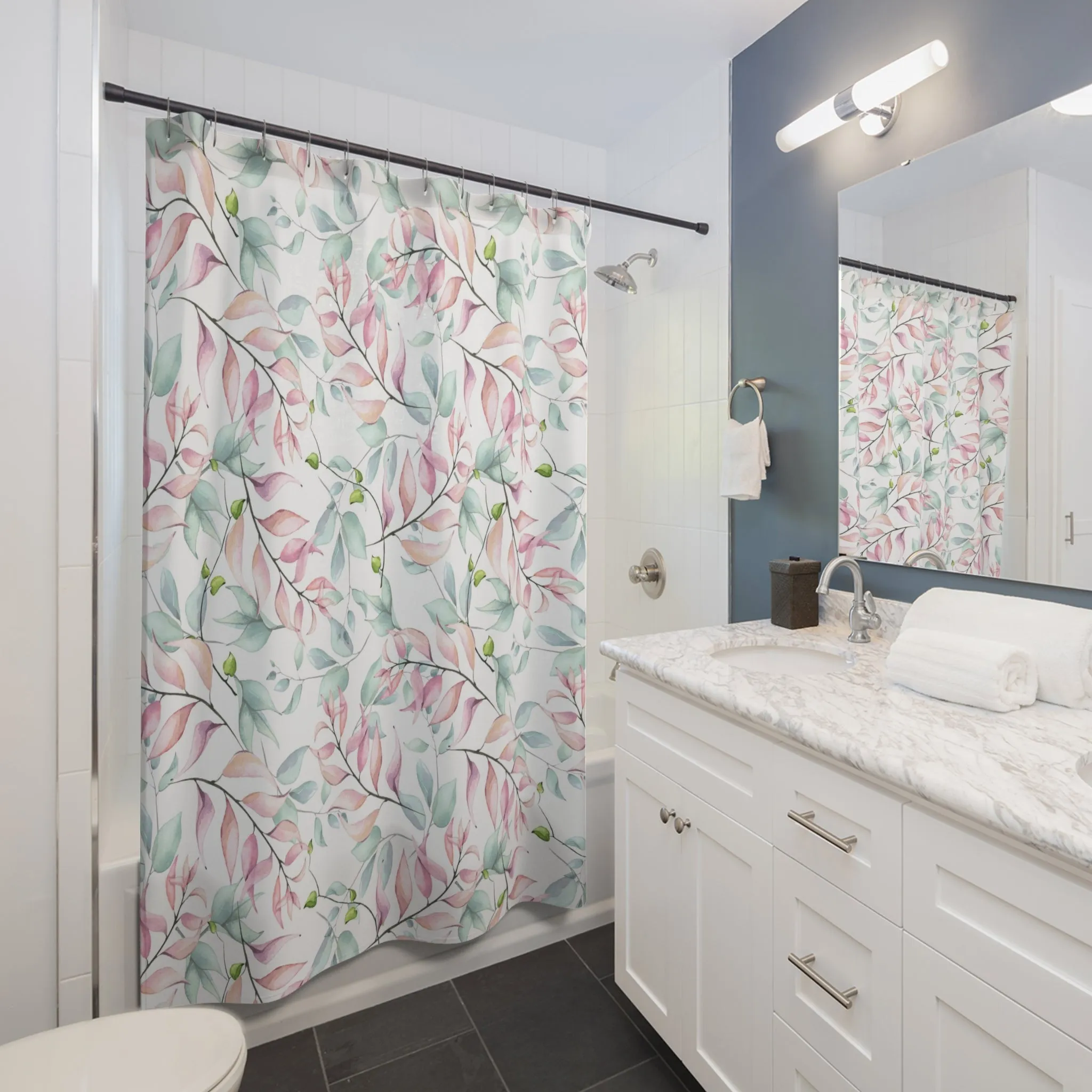 Floral Boho Shower Curtain | Pastel Sage Green, Blush Pink