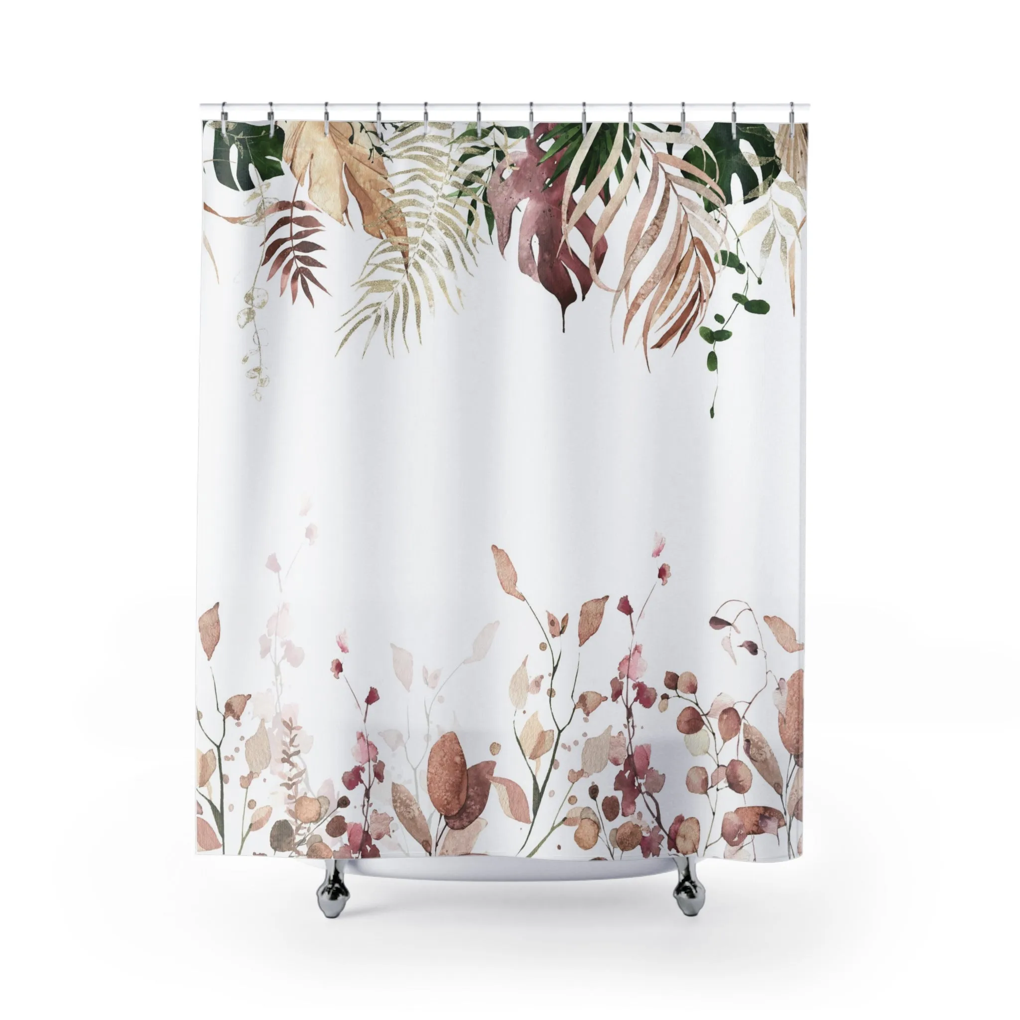 Floral Boho Shower Curtain | White Earthy Beige Monstera Jungle Leaves Lighting,Home Lighting