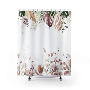 Floral Boho Shower Curtain | White Earthy Beige Monstera Jungle Leaves Lighting,Home Lighting