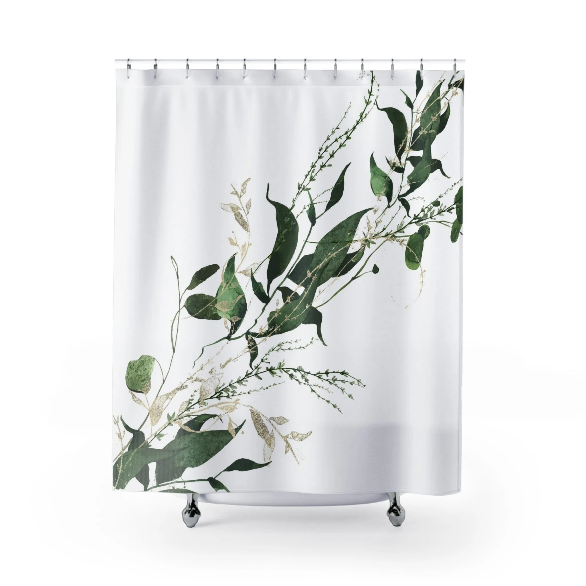 Floral Boho Shower Curtain | White Forest Green Leaves Lighting,Home Lighting