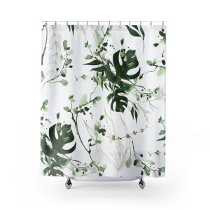 Floral Boho Shower Curtain | White Green Monstera Jungle Leaves Lighting,Home Lighting