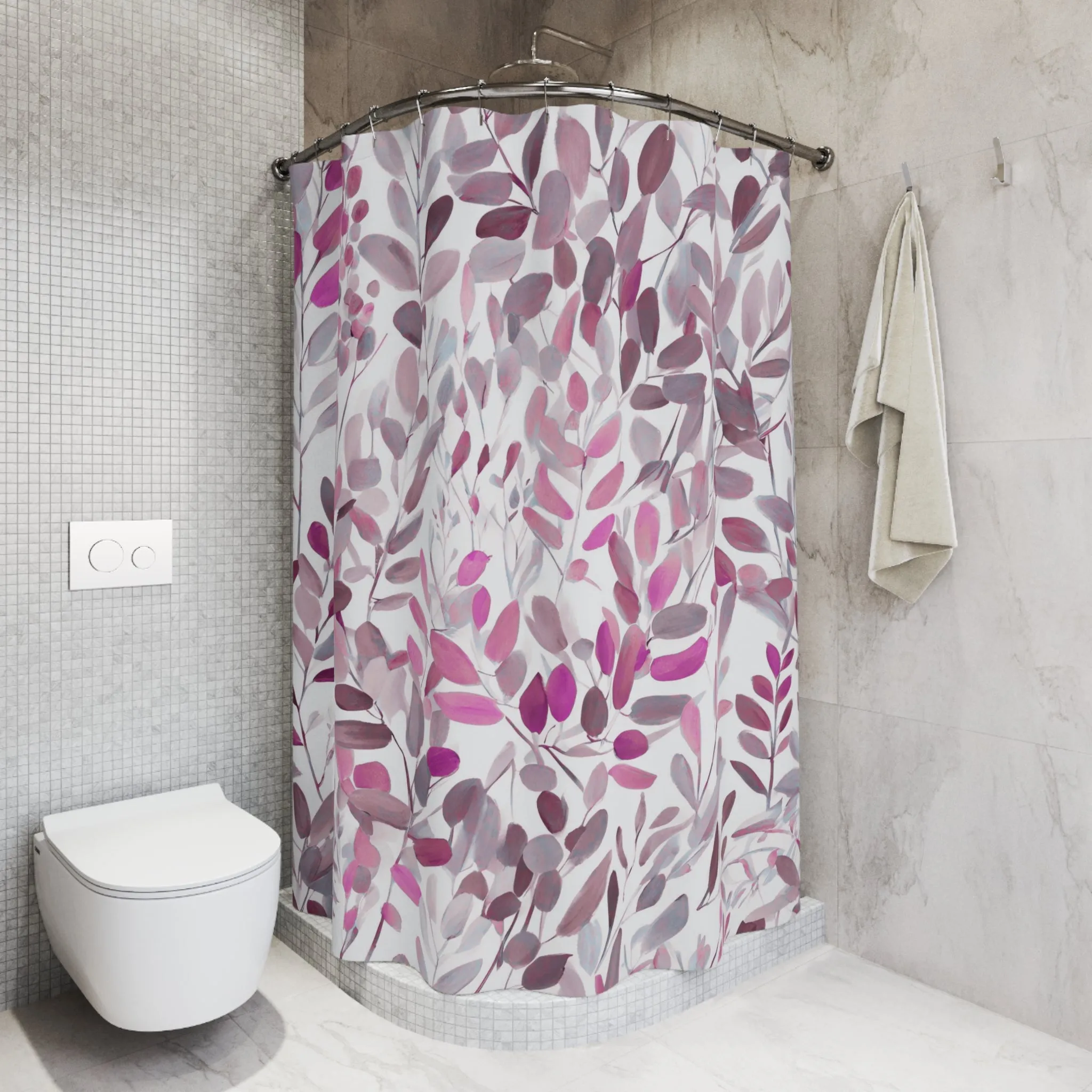 Floral Shower Curtain | Abstract Leaves, White Pink Grey