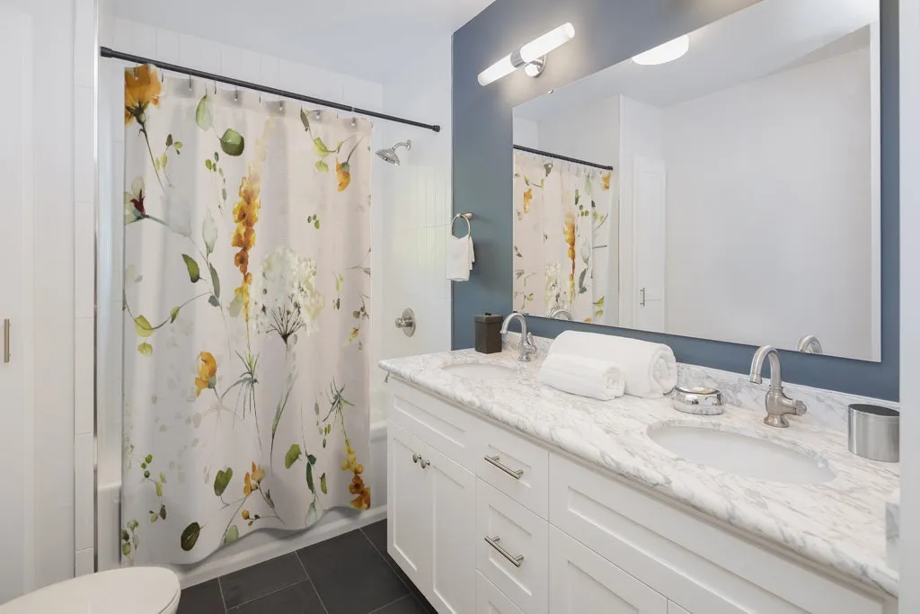 Floral Shower Curtain | Beige White Yellow