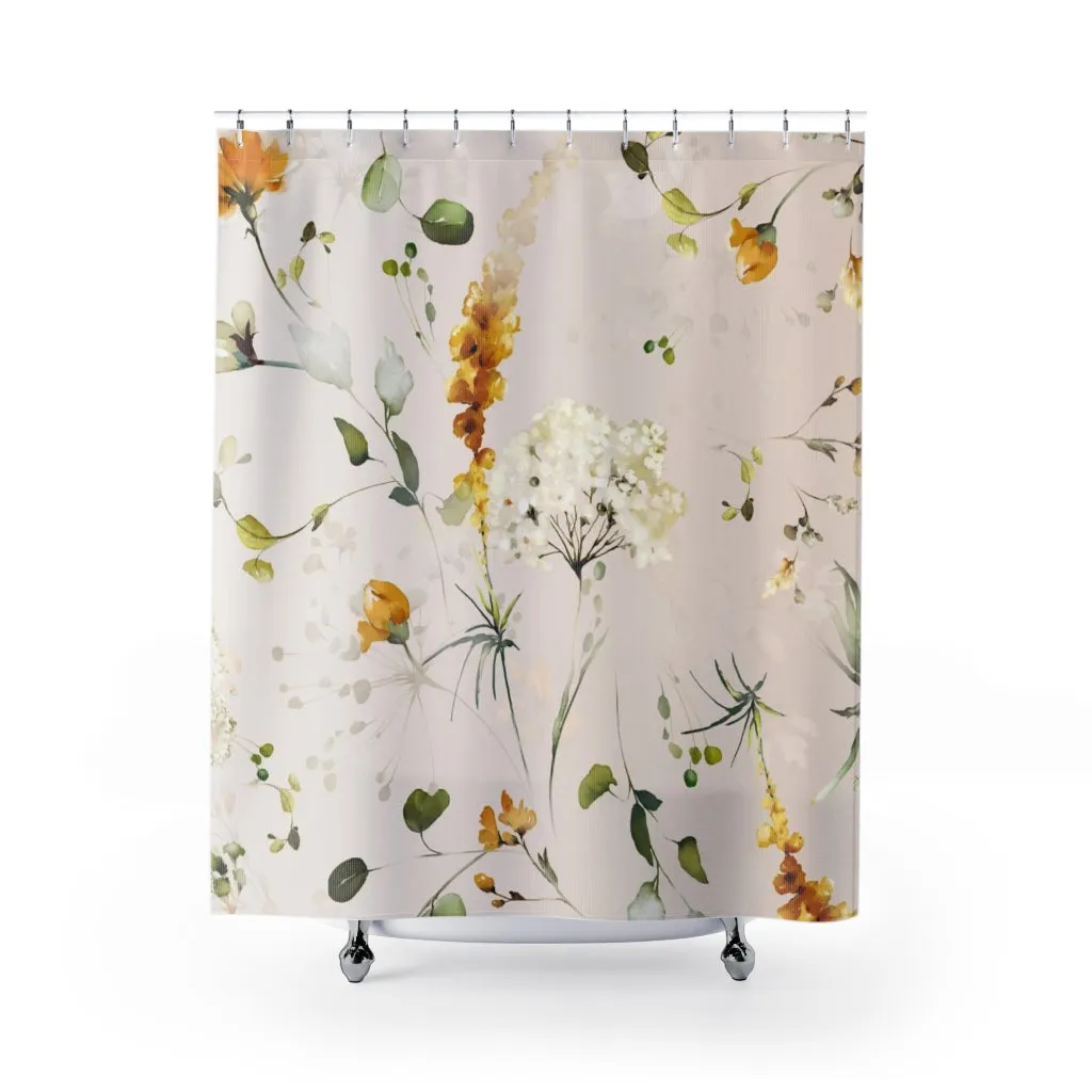 Floral Shower Curtain | Beige White Yellow