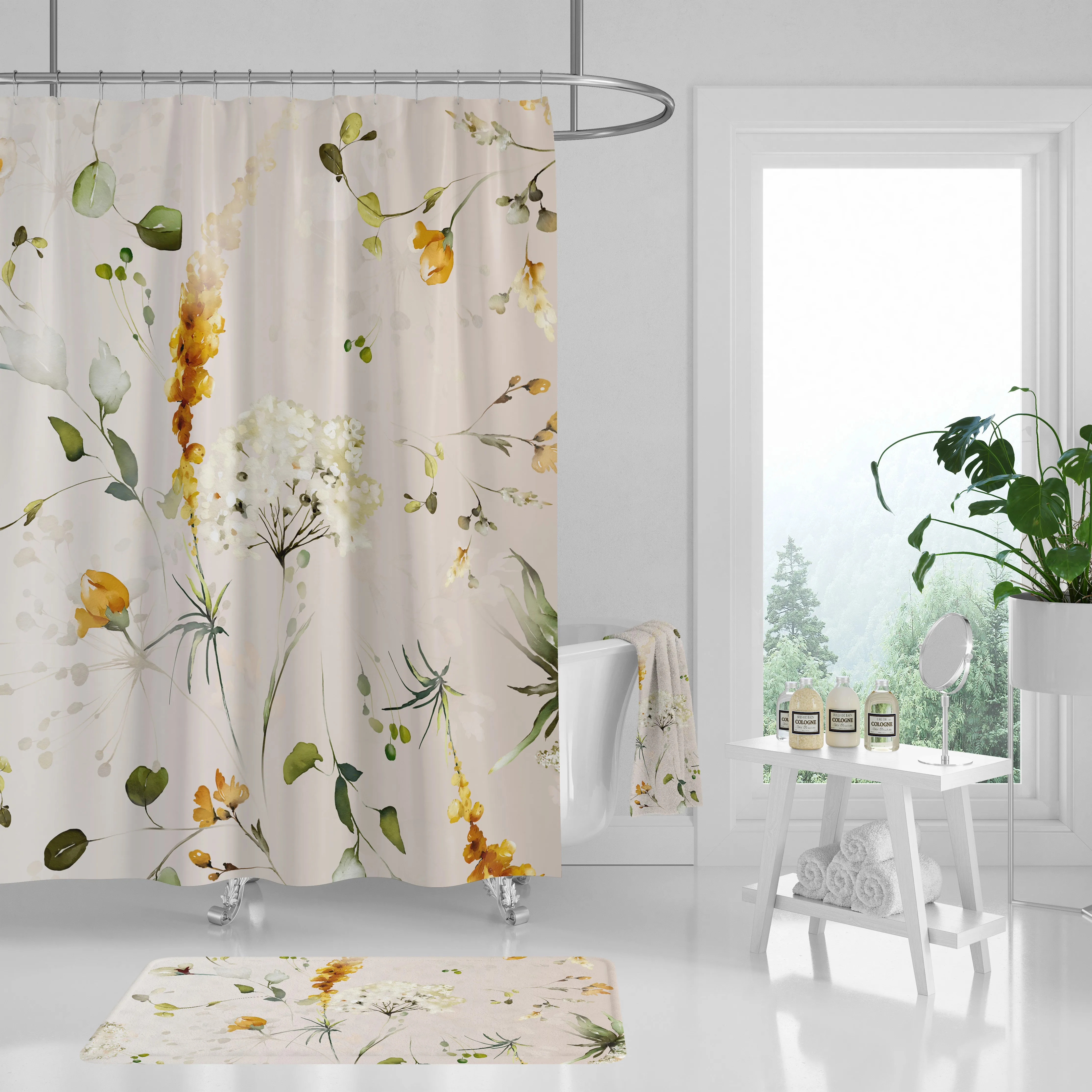 Floral Shower Curtain | Beige White Yellow Lighting,Home Lighting