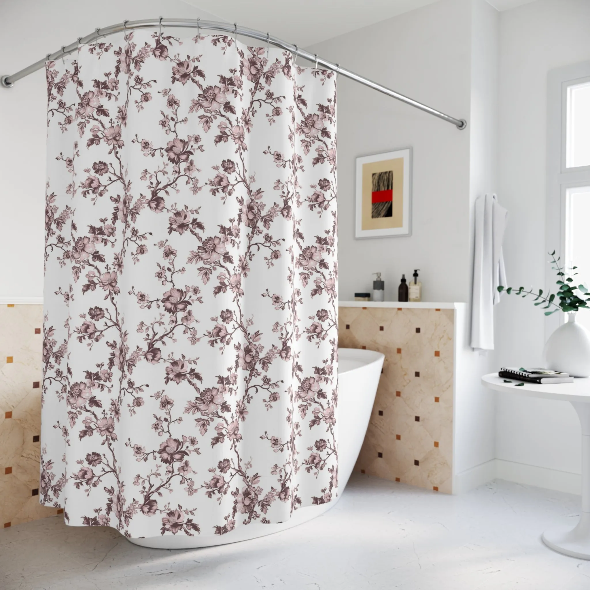 Floral  Shower Curtain | Blush Pink, White Brown Wildflowers