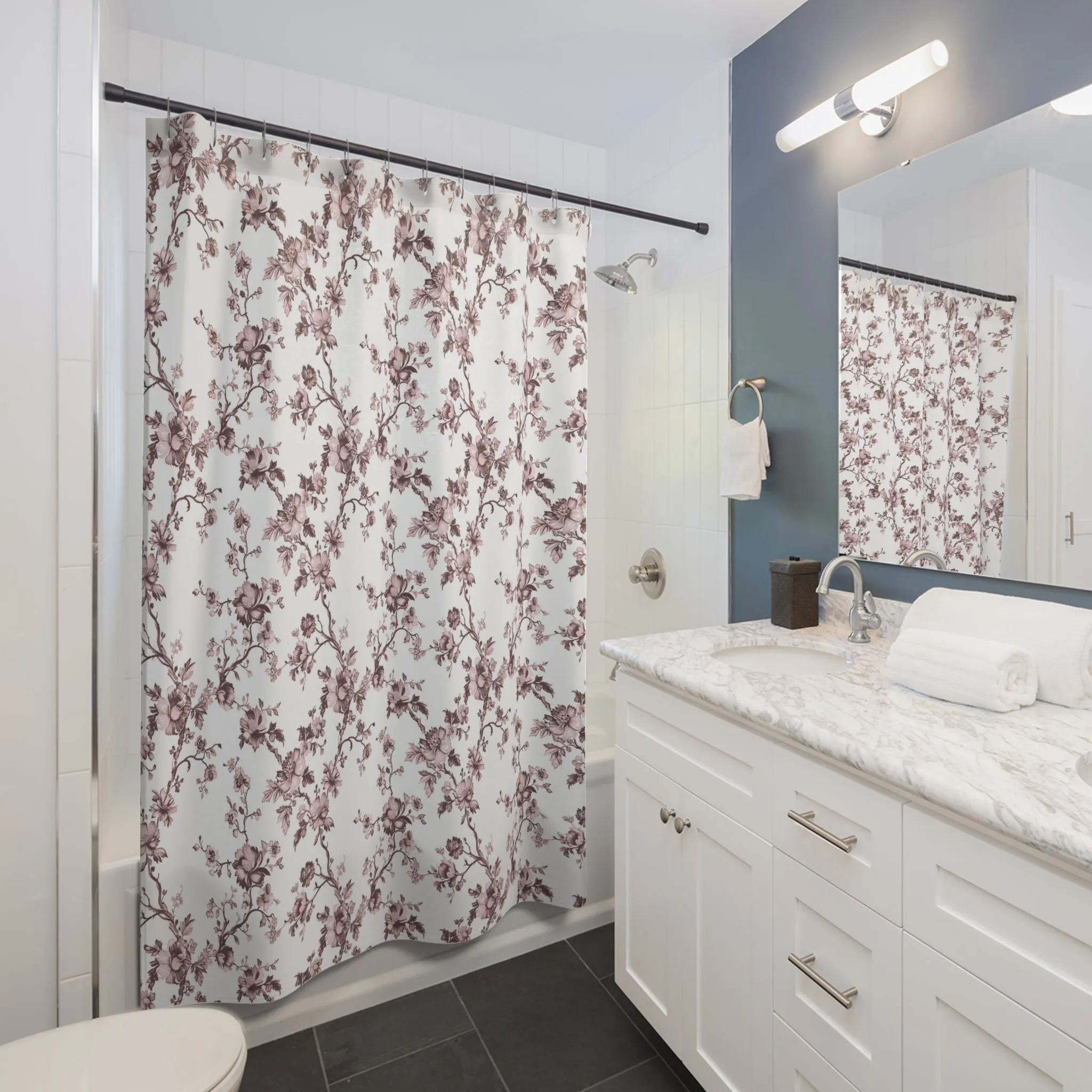 Floral  Shower Curtain | Blush Pink, White Brown Wildflowers