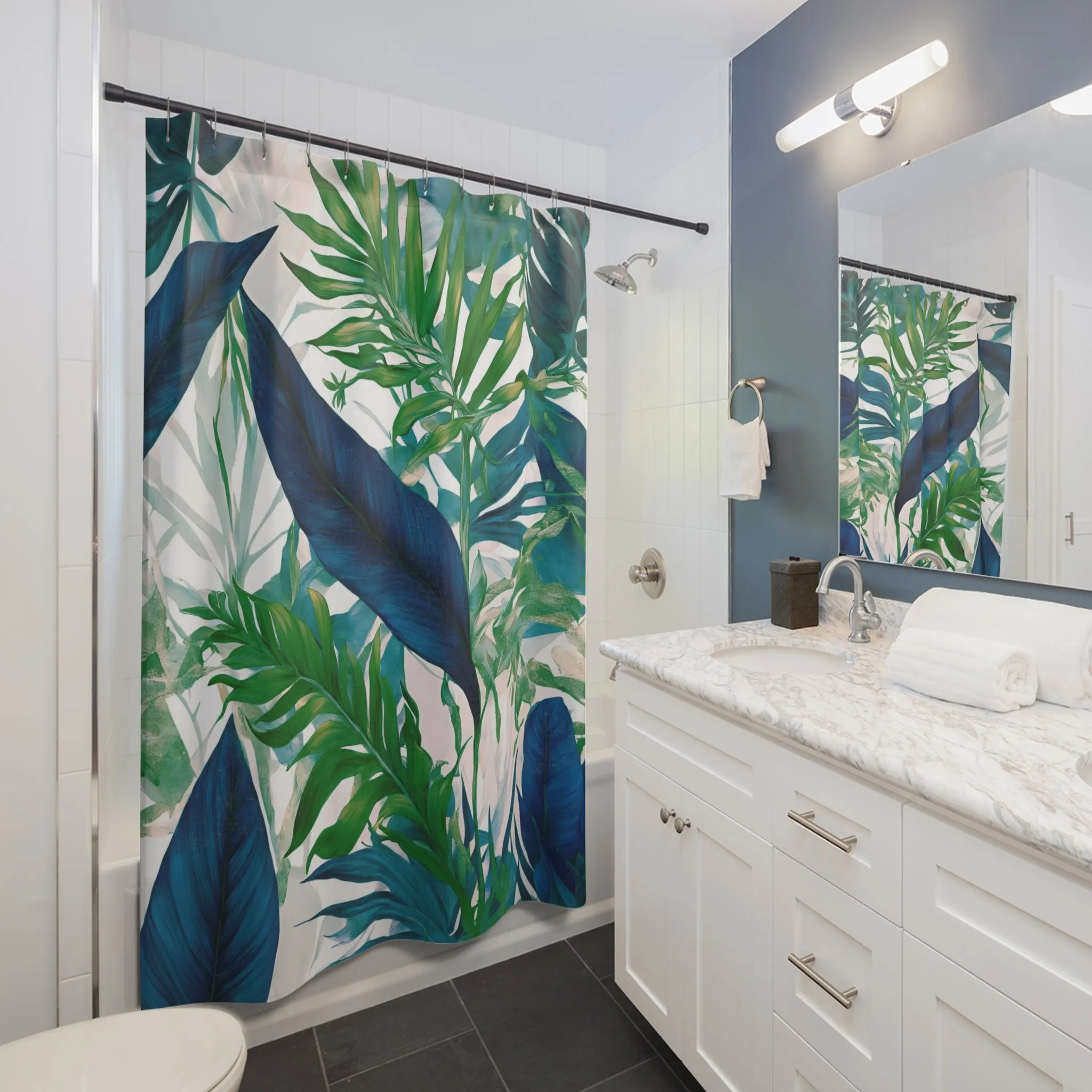 Floral Shower Curtain | Coastal Indigo Blue, Emerald Green