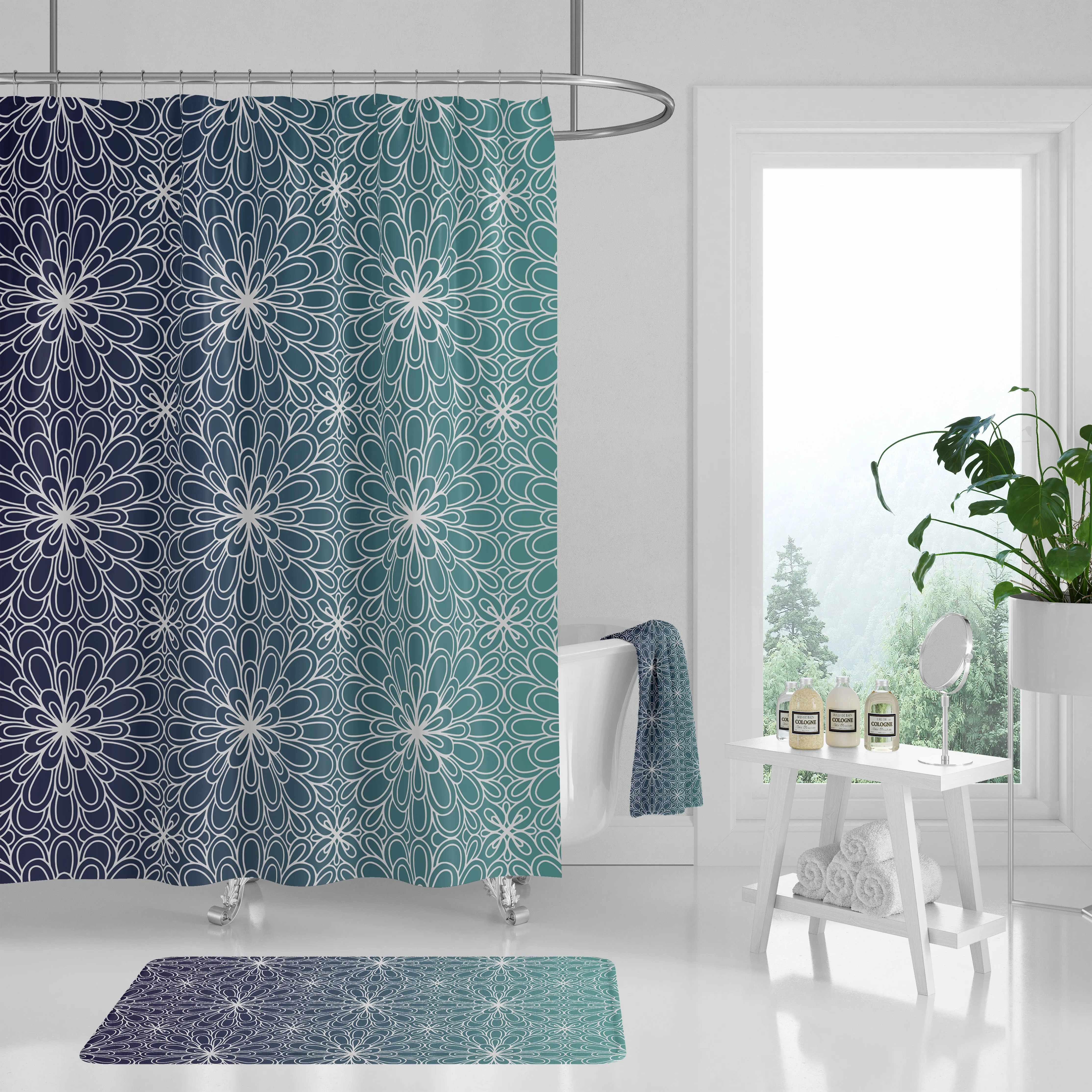 Floral Shower Curtain | Navy Teal Ombre Lighting,Home Lighting