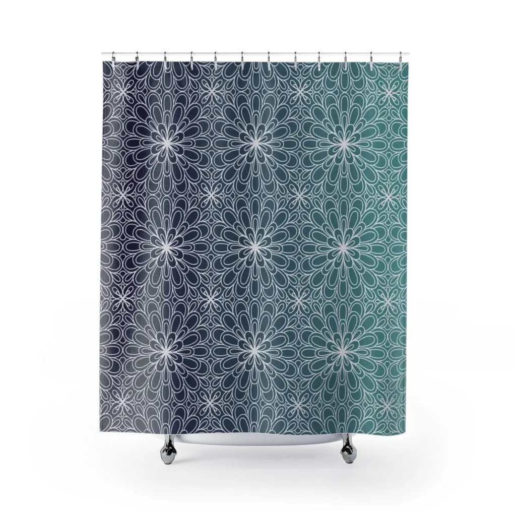 Floral Shower Curtain | Navy Teal Ombre
