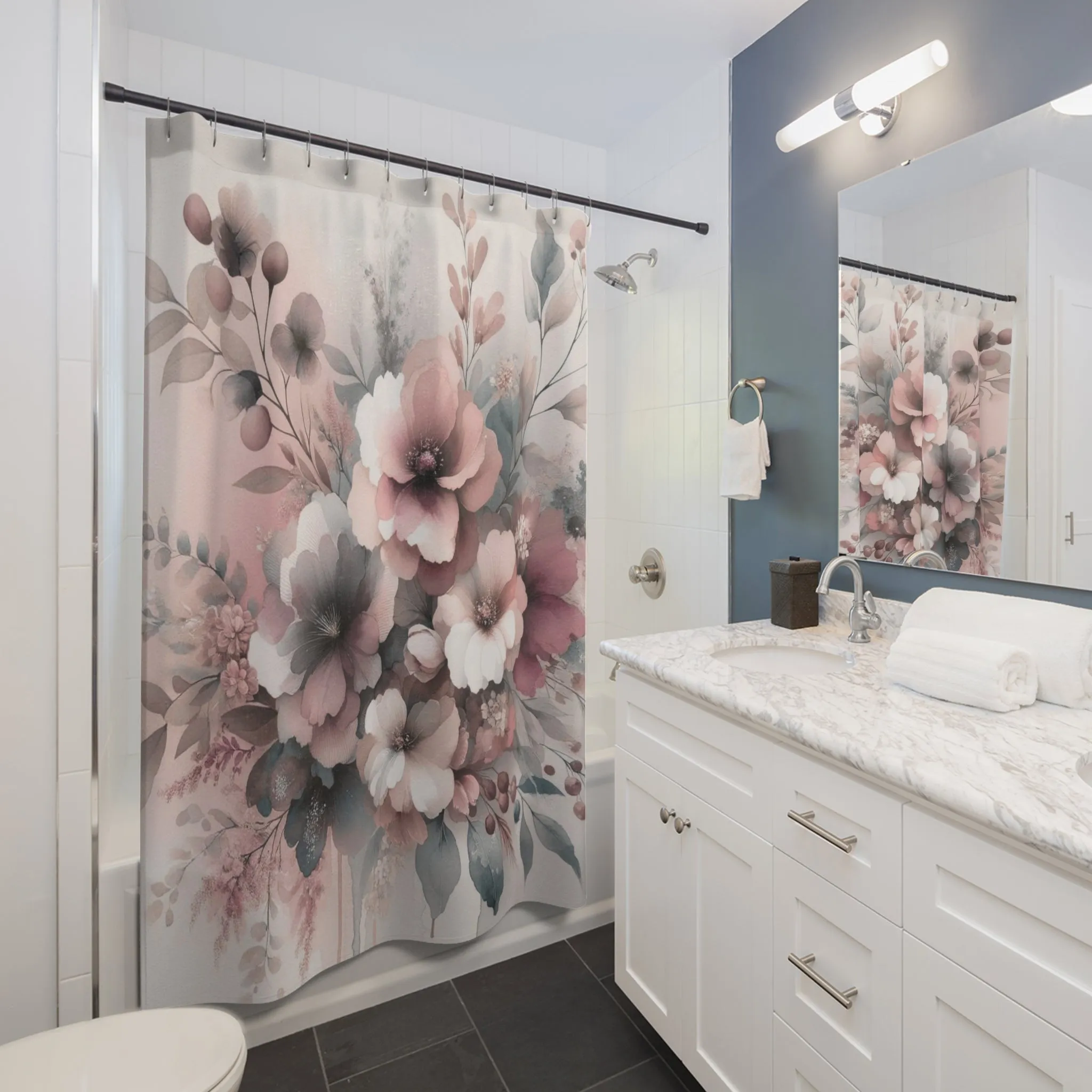 Floral Shower Curtain | Pink Grey, Botanical