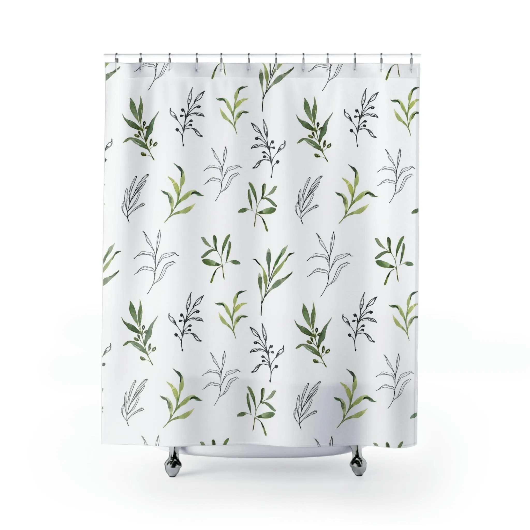 Floral Shower Curtain | Sage Green Leaves, Black White Line Art Lighting,Home Lighting