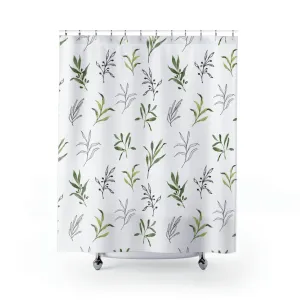 Floral Shower Curtain | Sage Green Leaves, Black White Line Art Lighting,Home Lighting