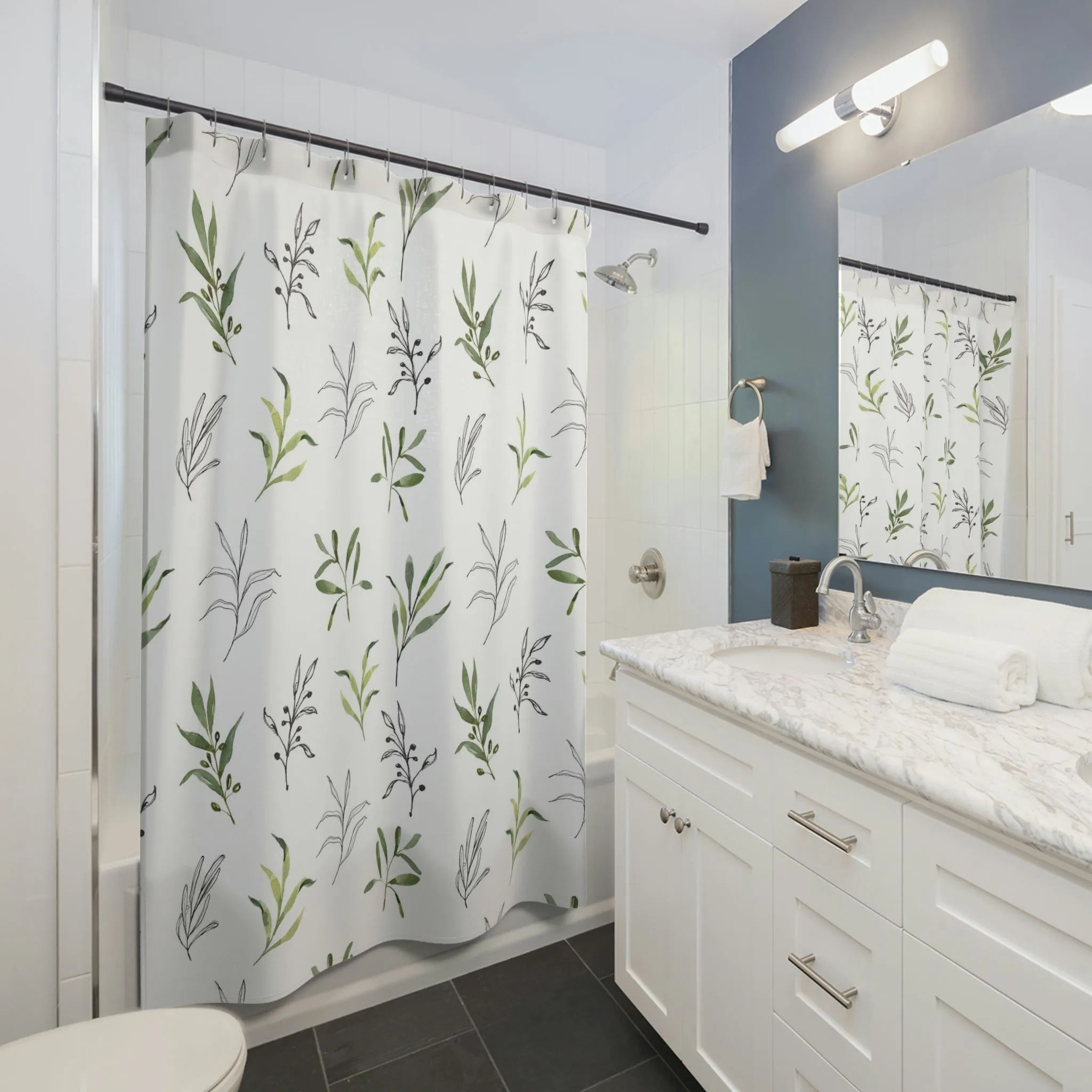 Floral Shower Curtain | Sage Green Leaves, Black White Line Art
