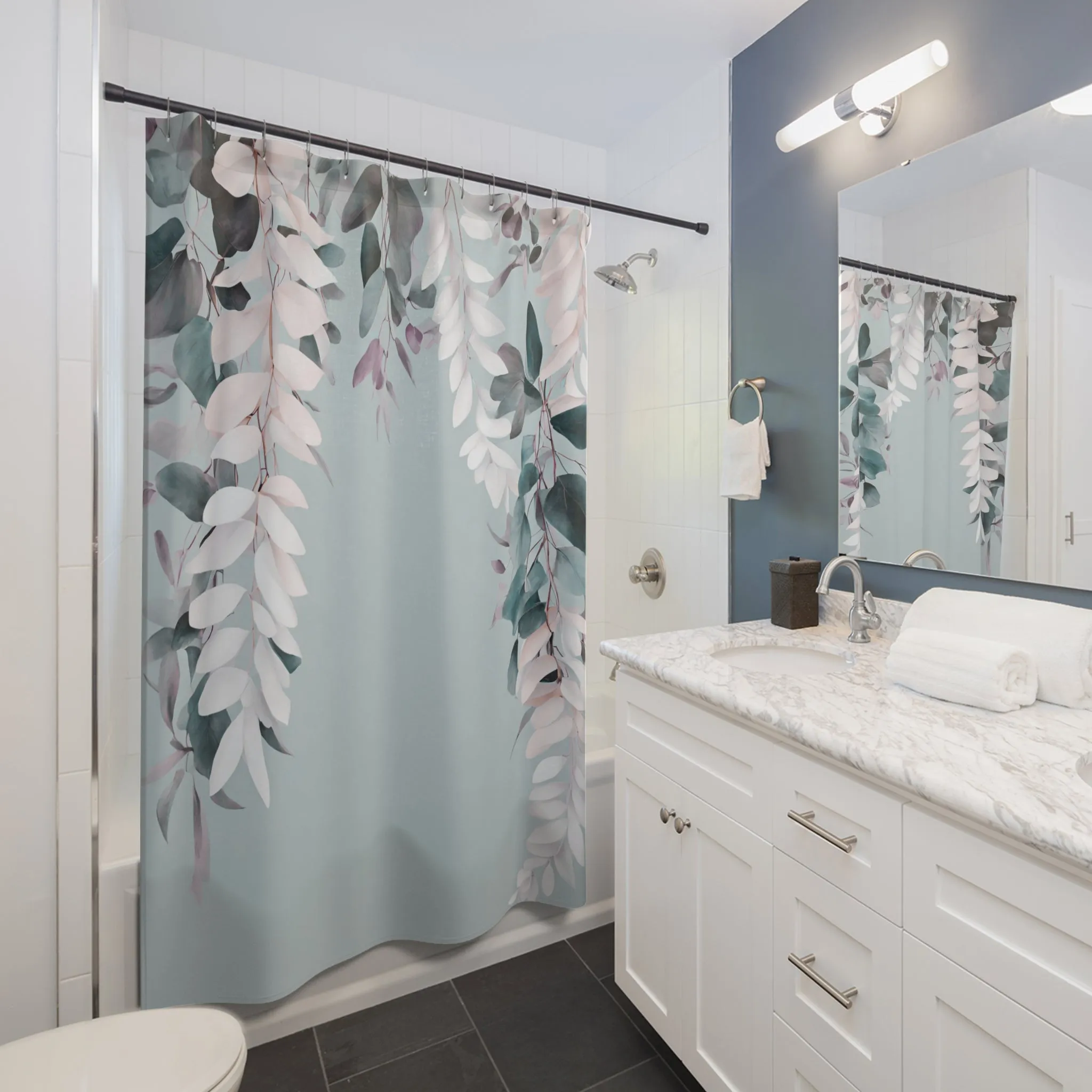 Floral Shower Curtain | Teal Green, White Blush Pink Leaves