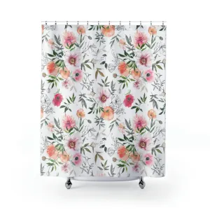 Floral Shower Curtain | White Pastel Pink Peach Poppy Florals Lighting,Home Lighting