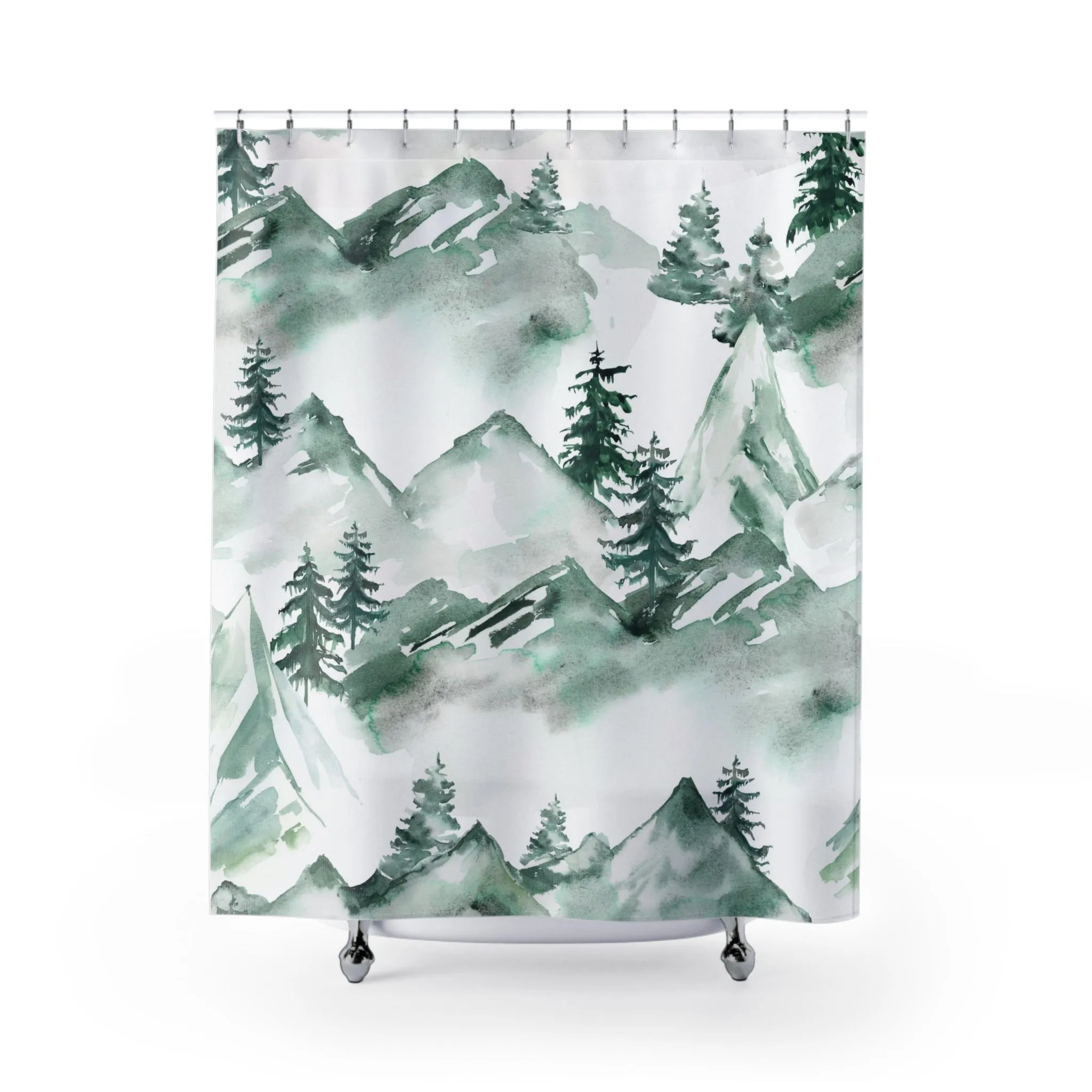 Floral Shower Curtain | White Sage Green Boho Mountain Lighting,Home Lighting