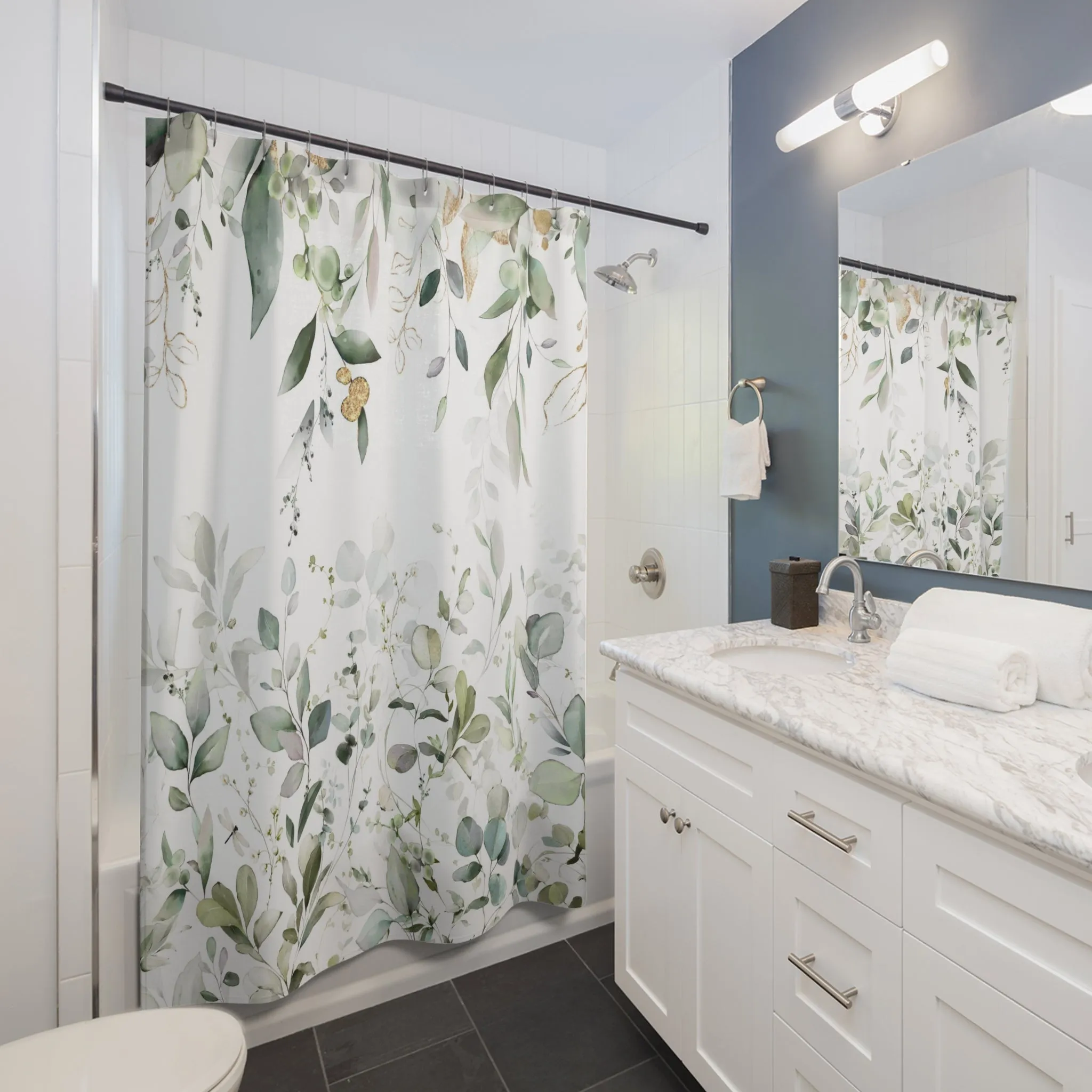 Floral Shower Curtain | White Sage Green Eucalyptus Leaves
