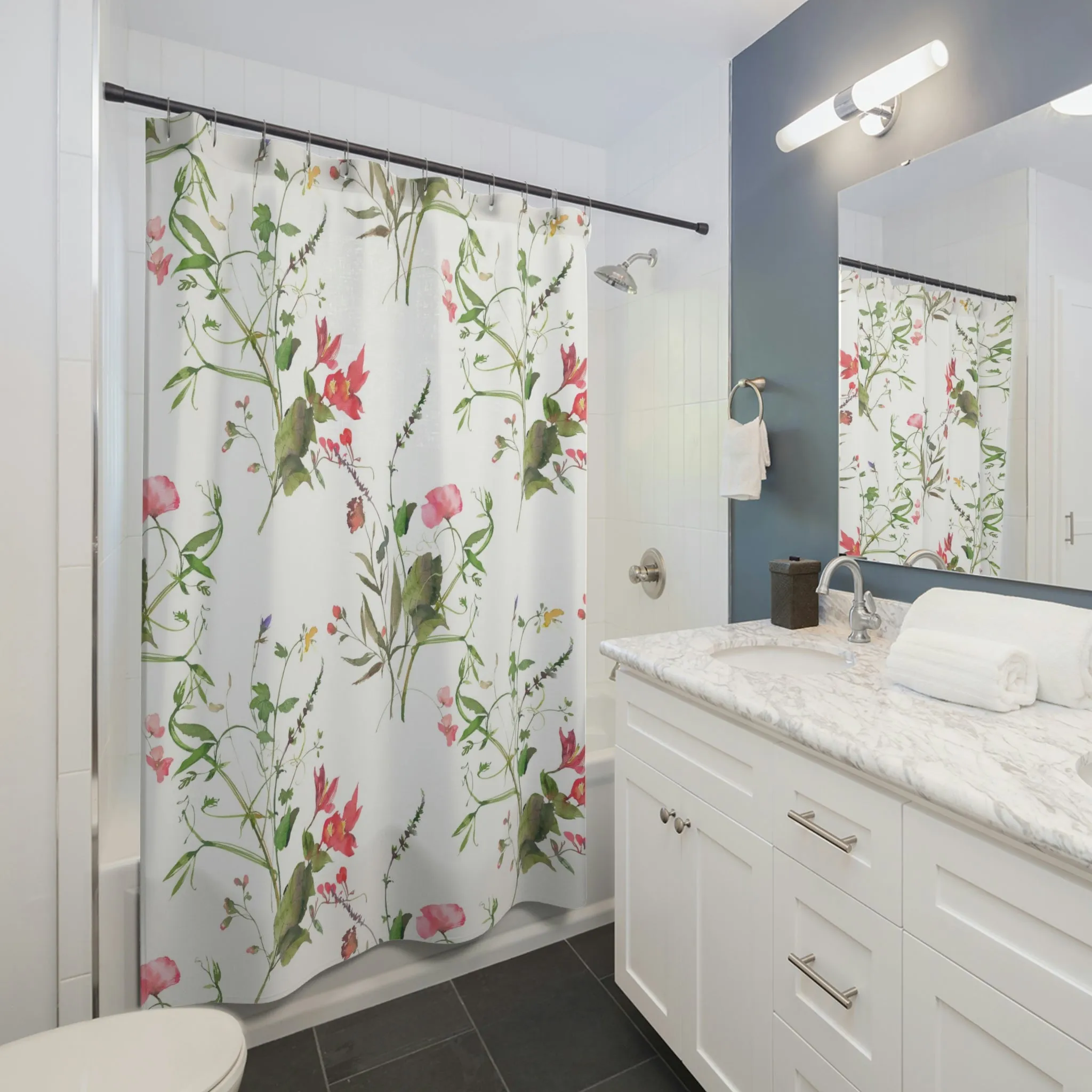 Floral Shower Curtain | White Sage Green Meadow Botanicals