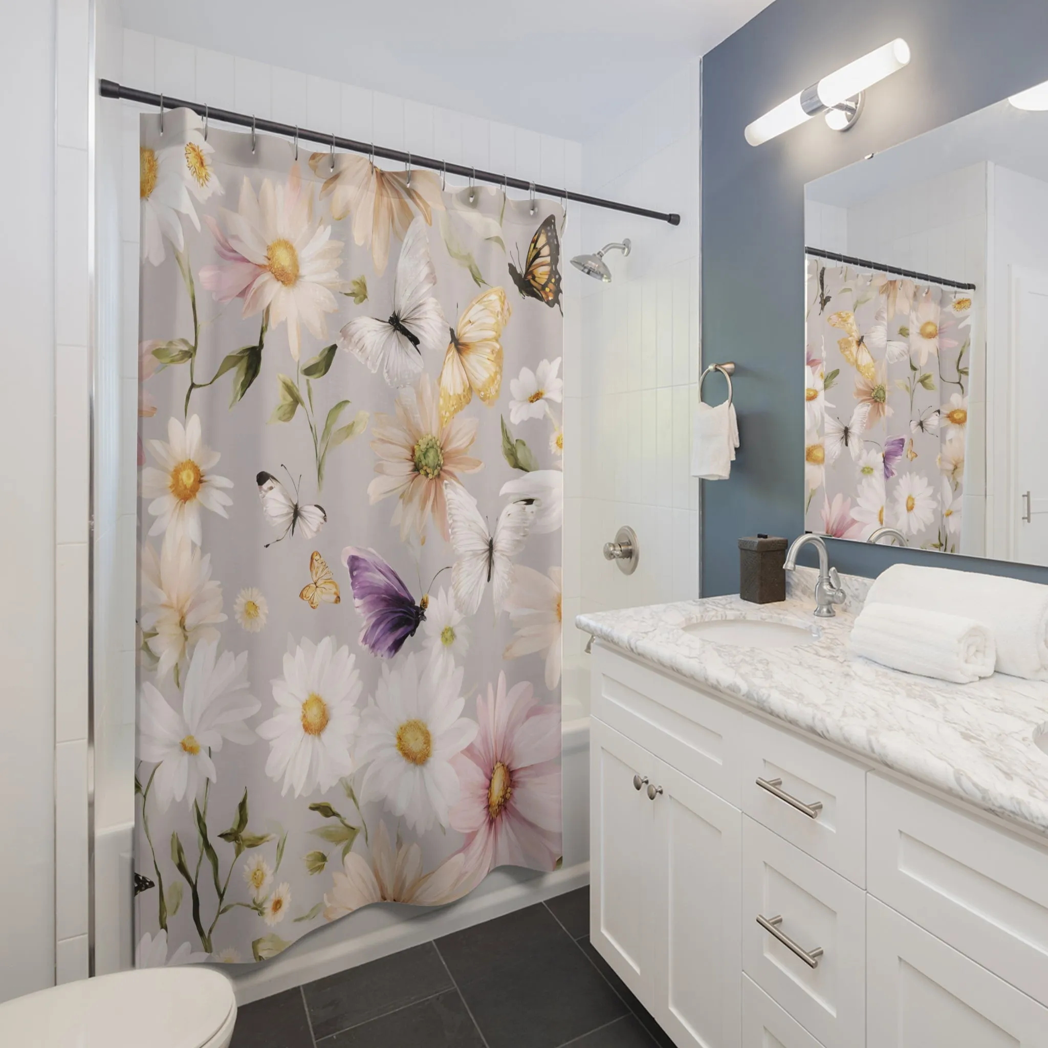 Floral  Shower Curtain | Wildflowers, Daisies, White Beige Butterflies