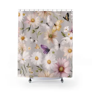 Floral  Shower Curtain | Wildflowers, Daisies, White Beige Butterflies Lighting,Home Lighting