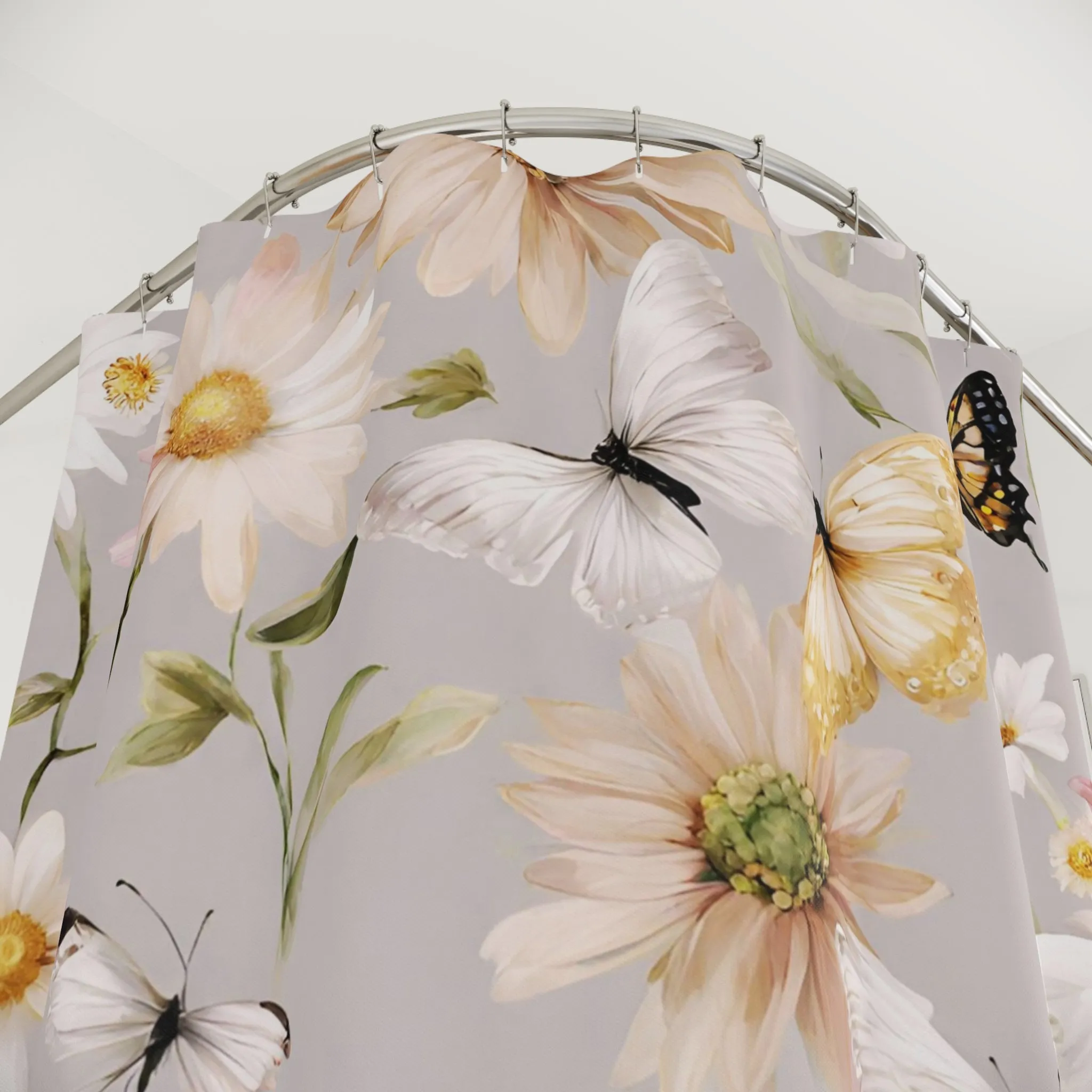 Floral  Shower Curtain | Wildflowers, Daisies, White Beige Butterflies