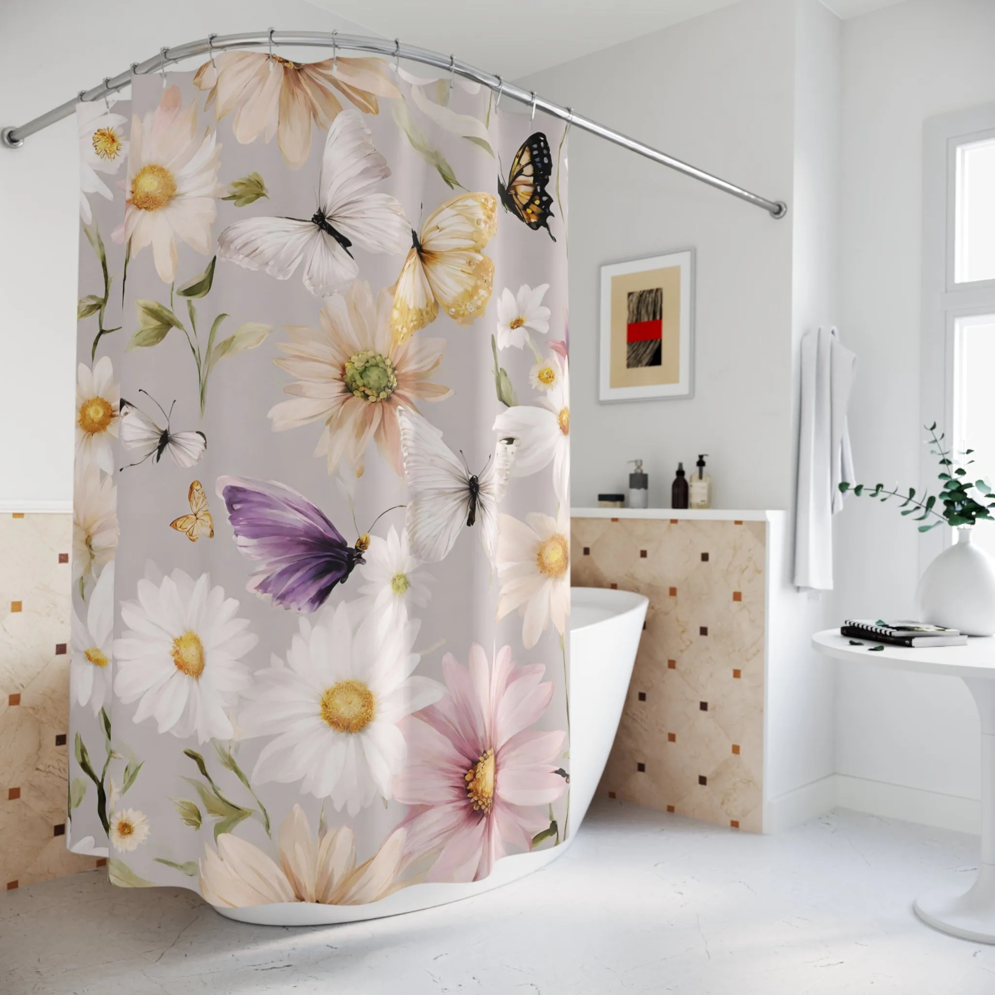 Floral  Shower Curtain | Wildflowers, Daisies, White Beige Butterflies
