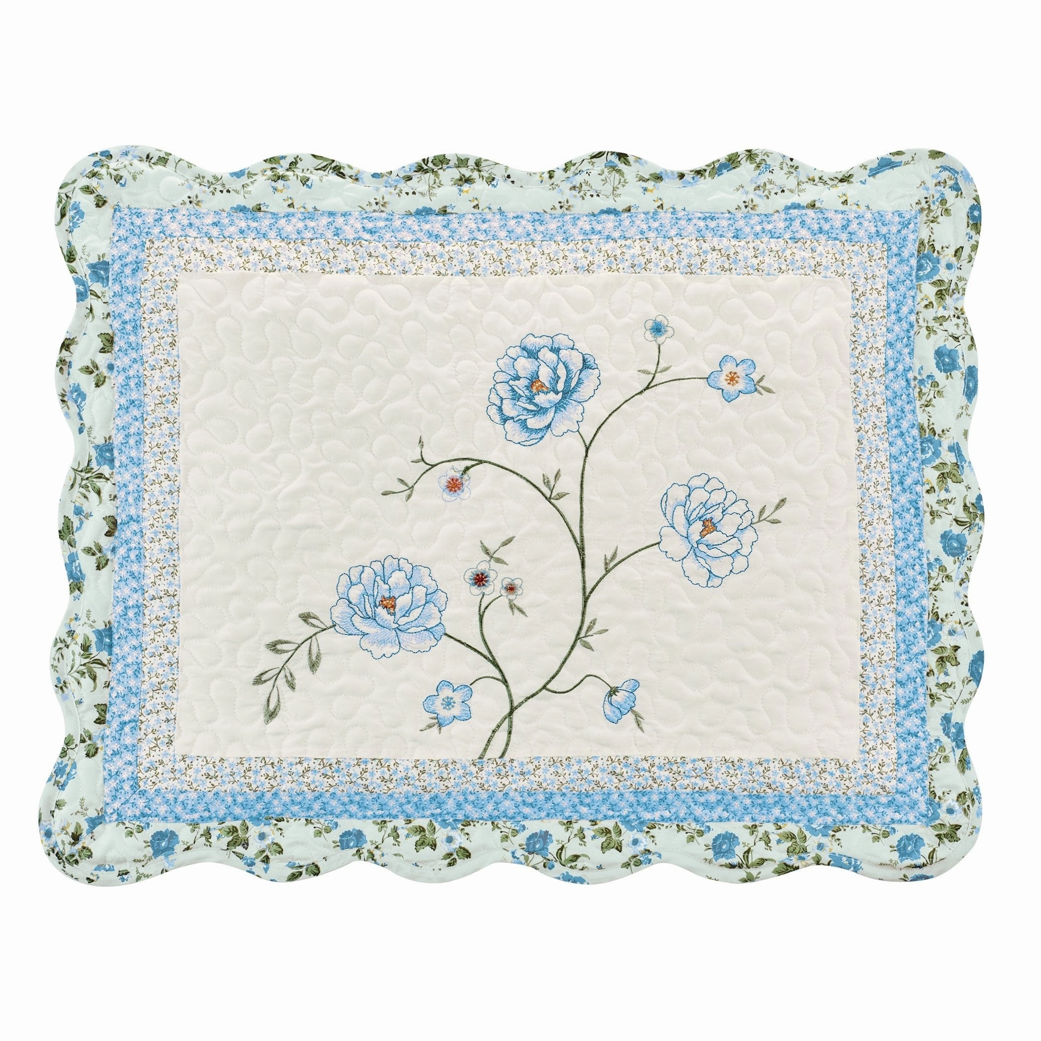 Floral Embroidered Scalloped Edge Quilted Pillow Sham