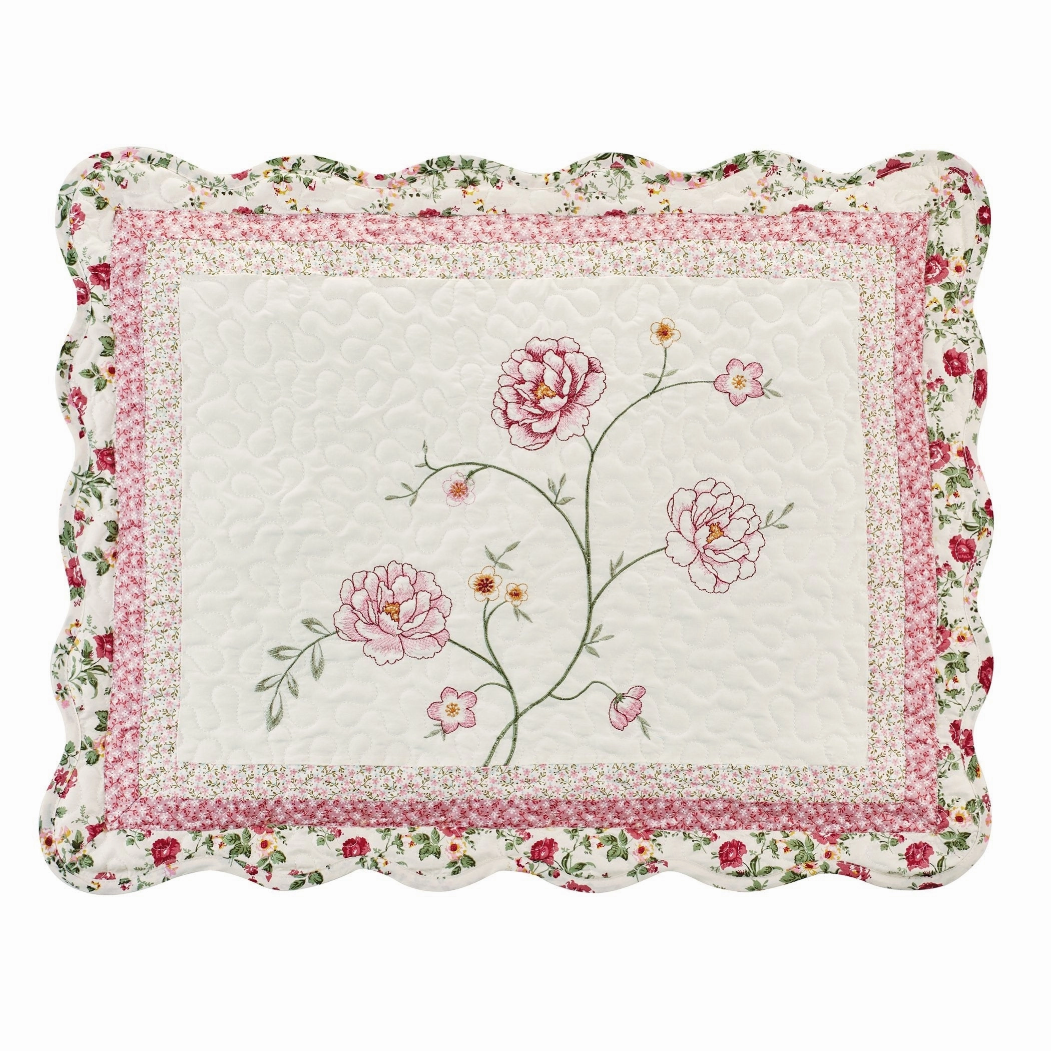 Floral Embroidered Scalloped Edge Quilted Pillow Sham