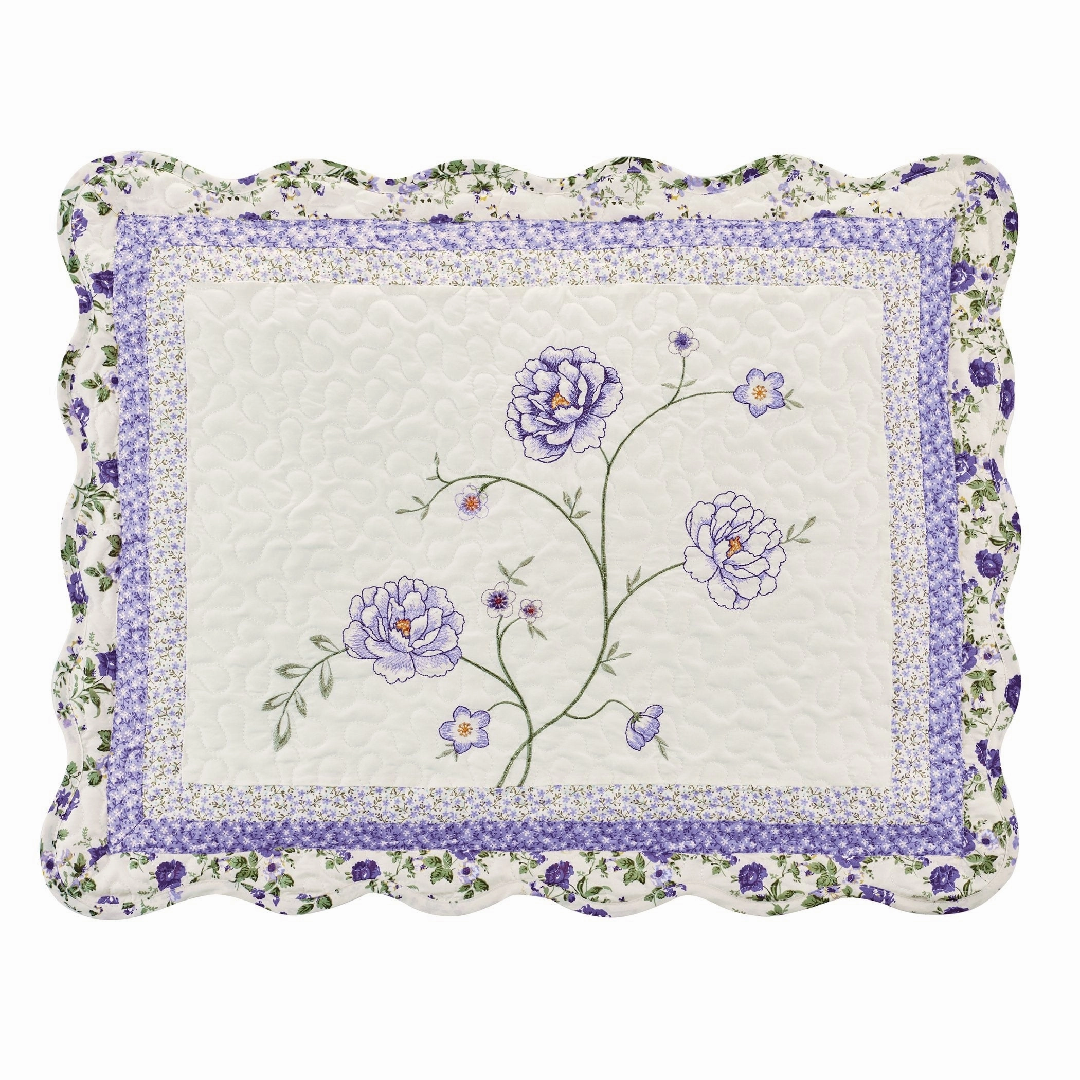 Floral Embroidered Scalloped Edge Quilted Pillow Sham