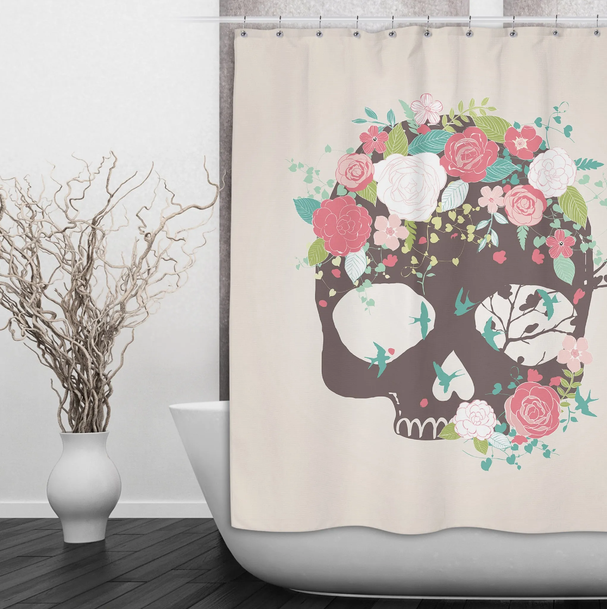 Flower and Blue Bird Skull Shower Curtains and Optional Bath Mats Lighting,Lamps Fixtures