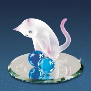 Frosted White and Pink Curious Cat Looking at Blue Marbles Glass Figurine Decorative Mirror,Home Decor Mirror