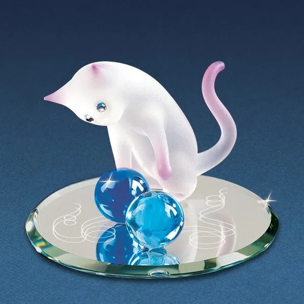 Frosted White and Pink Curious Cat Looking at Blue Marbles Glass Figurine Decorative Mirror,Home Decor Mirror
