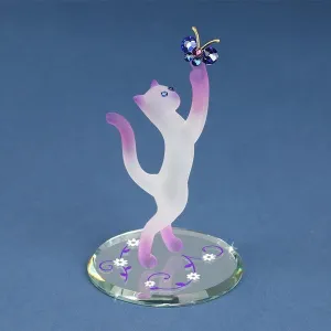 Frosted White and Pink Princess Cat with Crystal Butterfly Glass Figurine Decorative Mirror,Home Decor Mirror