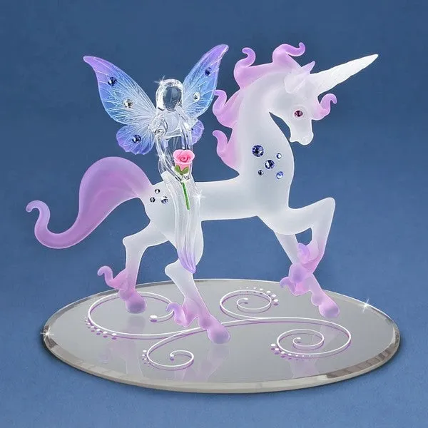 Frosted White and Pink Unicorn with Riding Fairy Glass Figurine Decorative Mirror,Home Decor Mirror