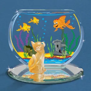 Glass Baron Cat and Fish Bowl Glass Figurine Decorative Mirror,Home Decor Mirror
