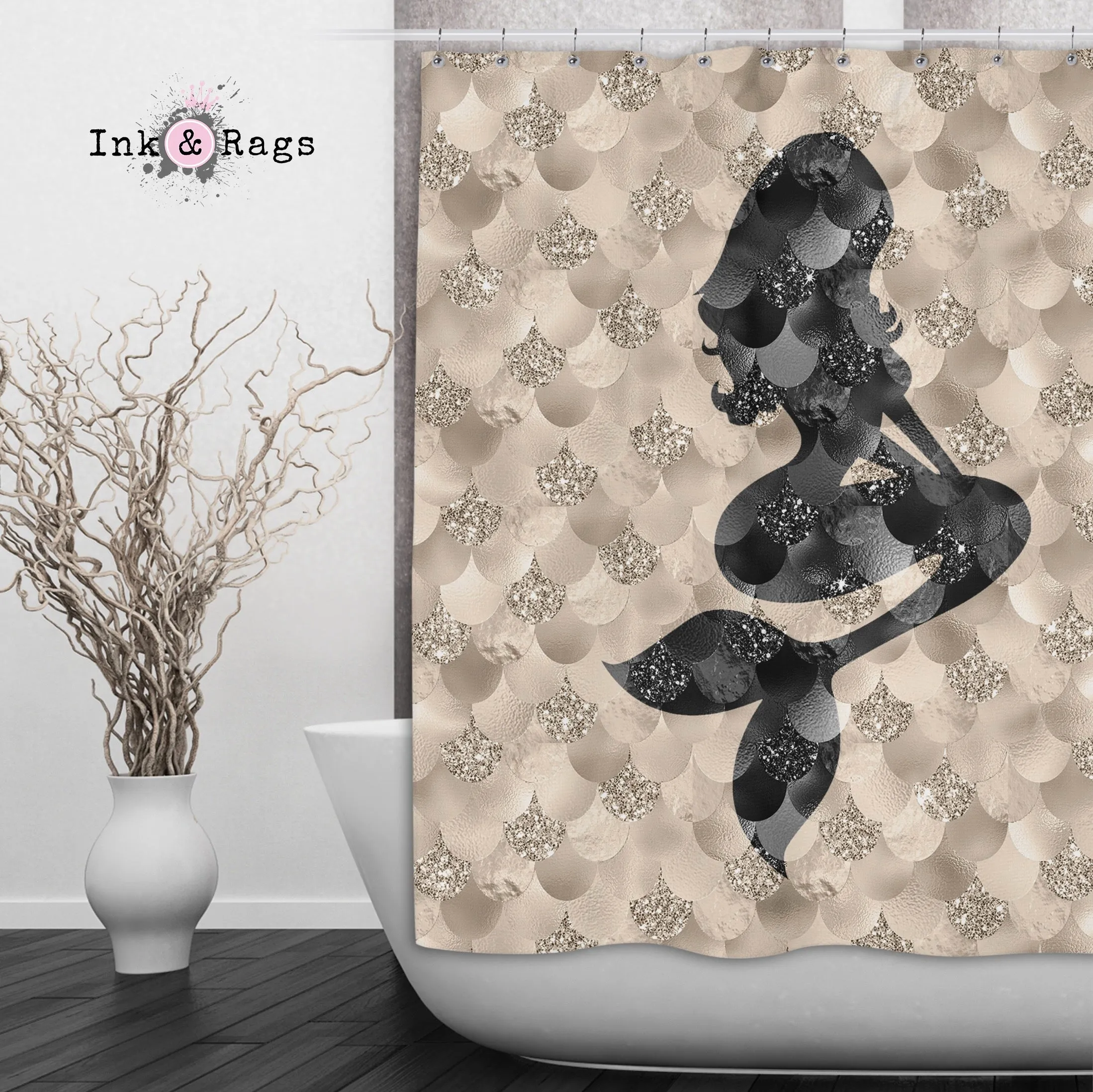 Gold and Black Mermaid Silhouette Shower Curtains and Optional Bath Mats Lighting,Lamps Fixtures
