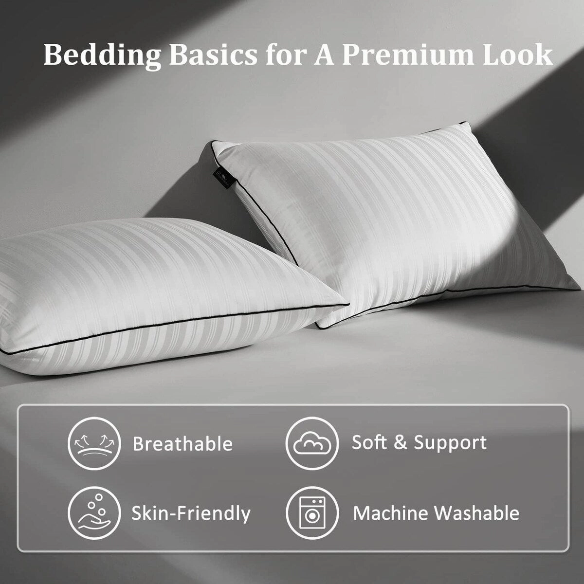 Goose Down Pillows for Back, Stomach or Side Sleepers, Classic Vertical Stripes - WHITE